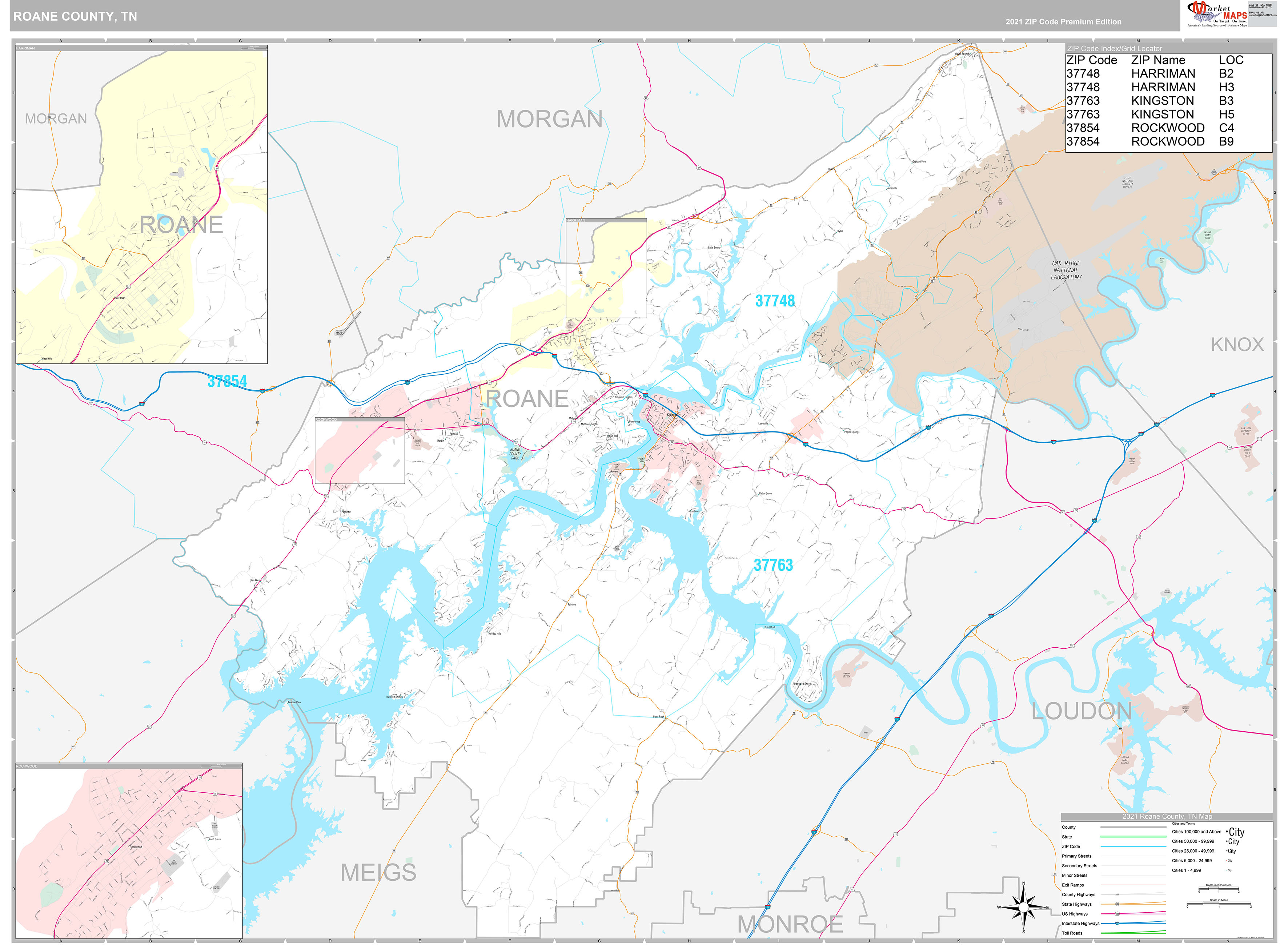 Roane County, TN Wall Map Premium Style by MarketMAPS