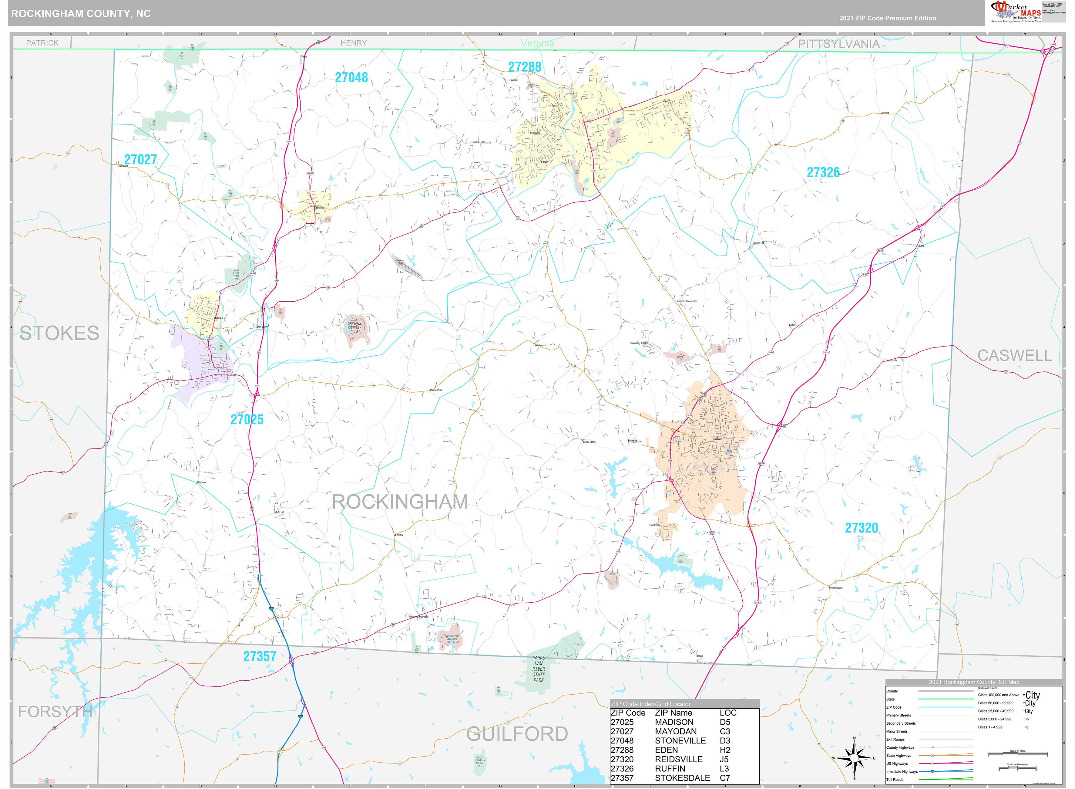 Rockingham County NC Wall Map Premium Style By MarketMAPS