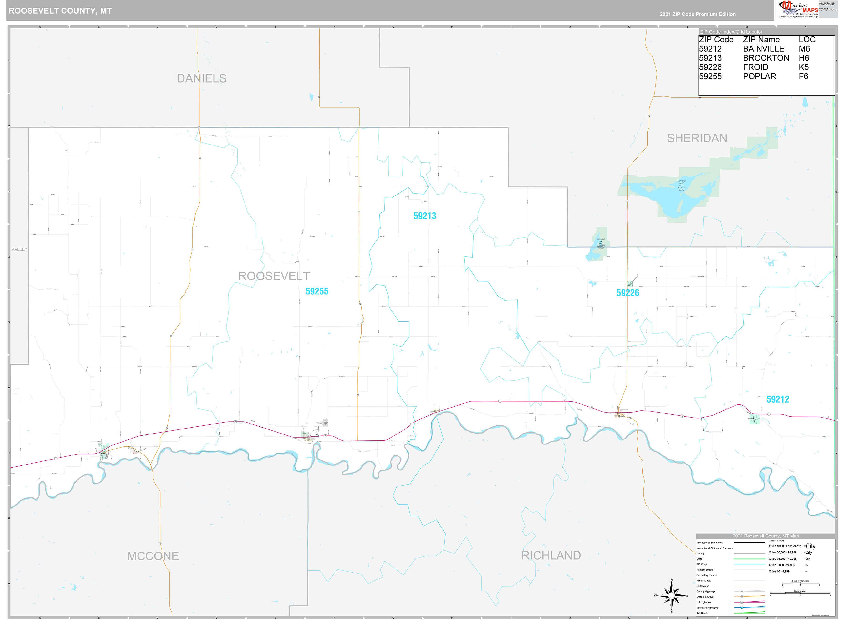 Roosevelt County, MT Wall Map Premium Style by MarketMAPS