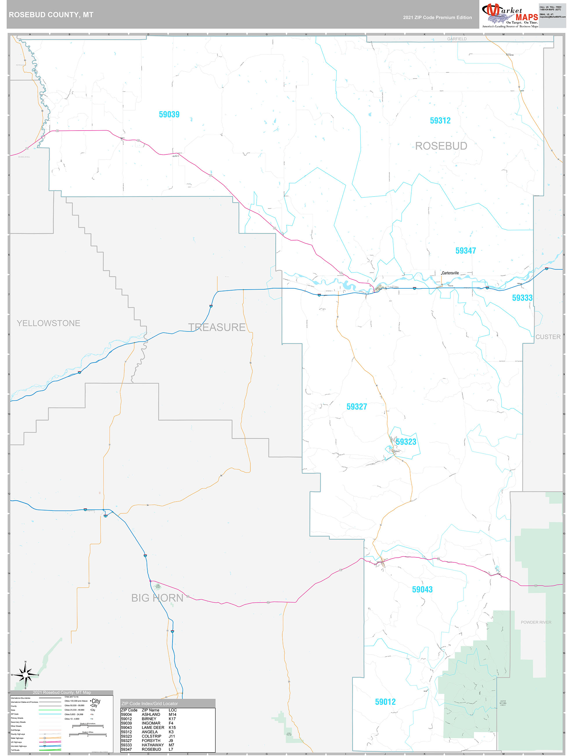 Rosebud County, MT Wall Map Premium Style by MarketMAPS