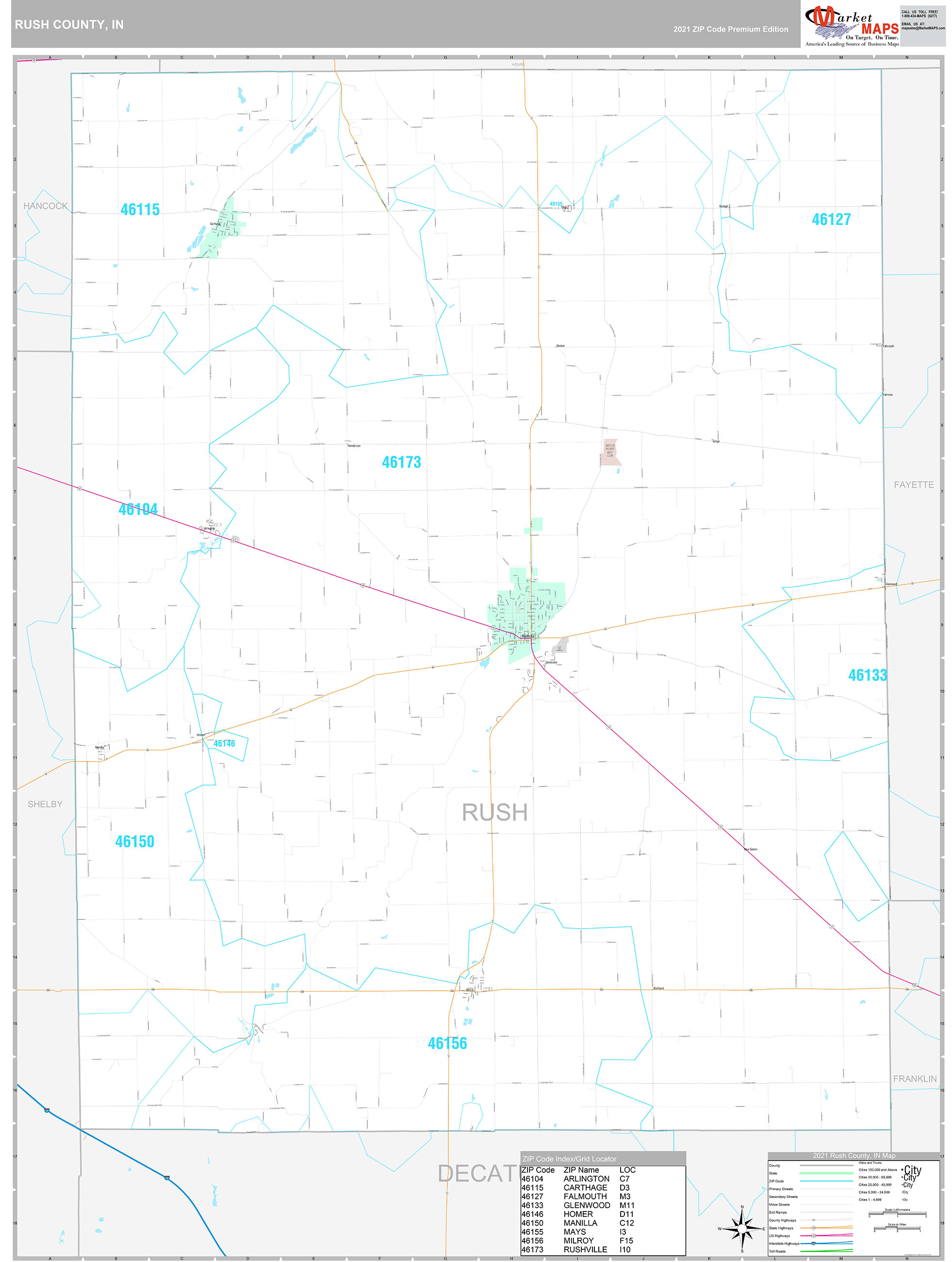 Rush County, IN Wall Map Premium Style by MarketMAPS