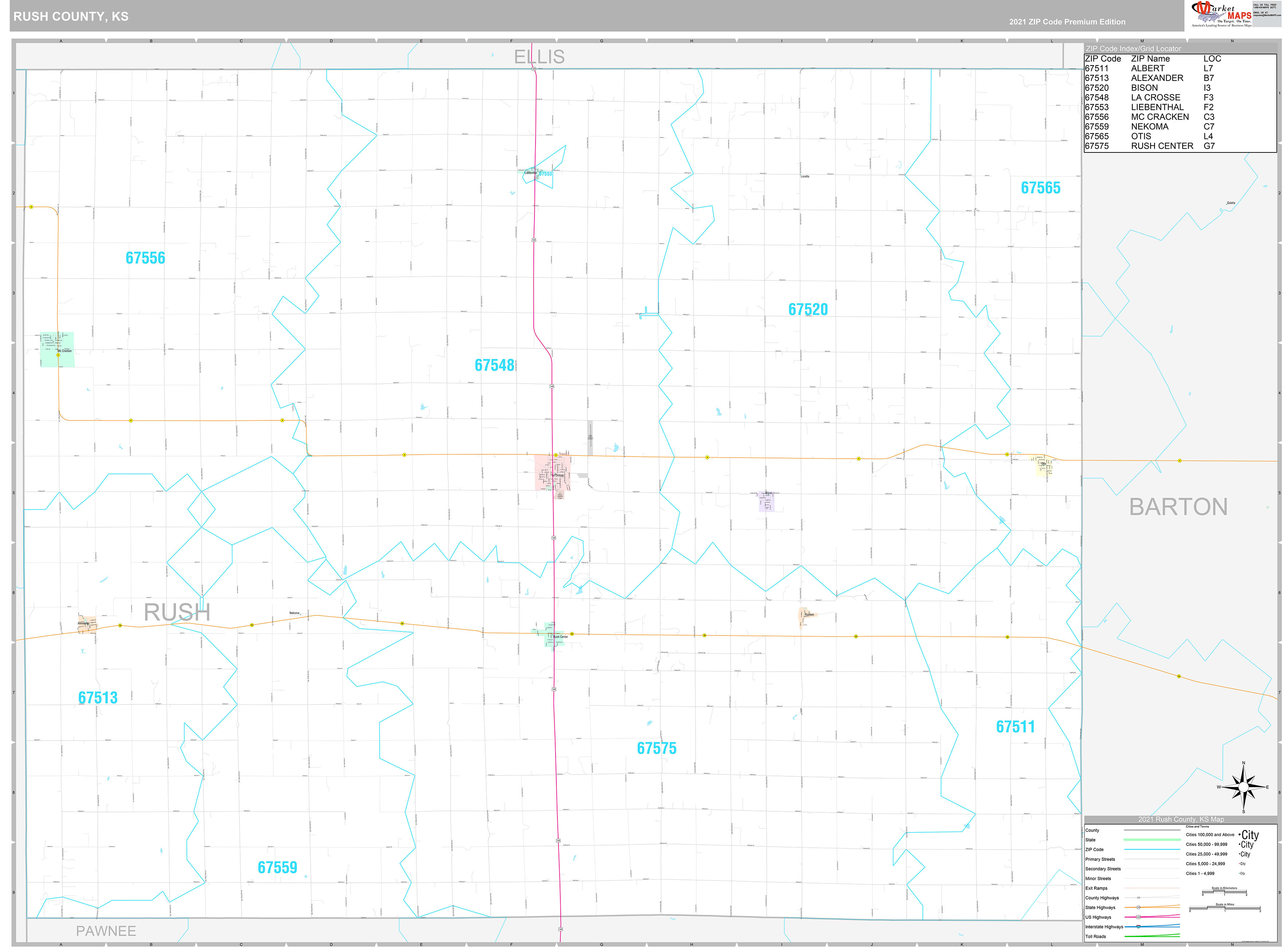 Rush County, KS Wall Map Premium Style by MarketMAPS