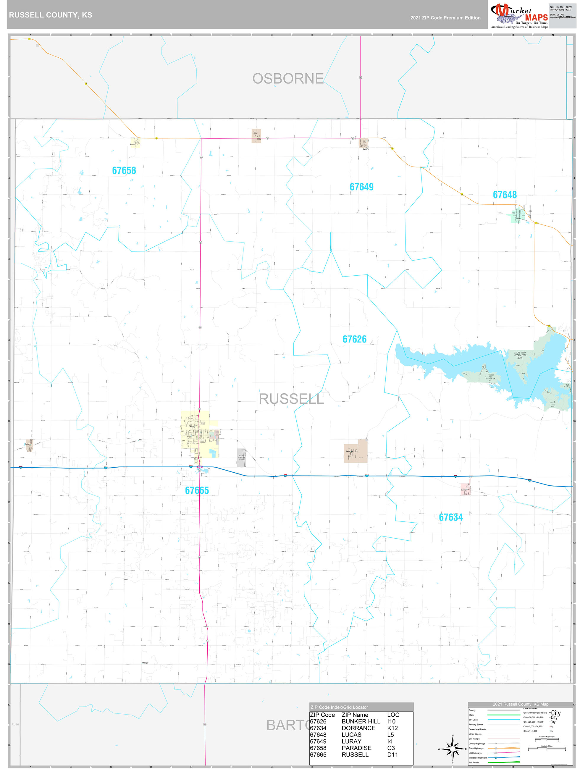 Russell County, KS Wall Map Premium Style by MarketMAPS