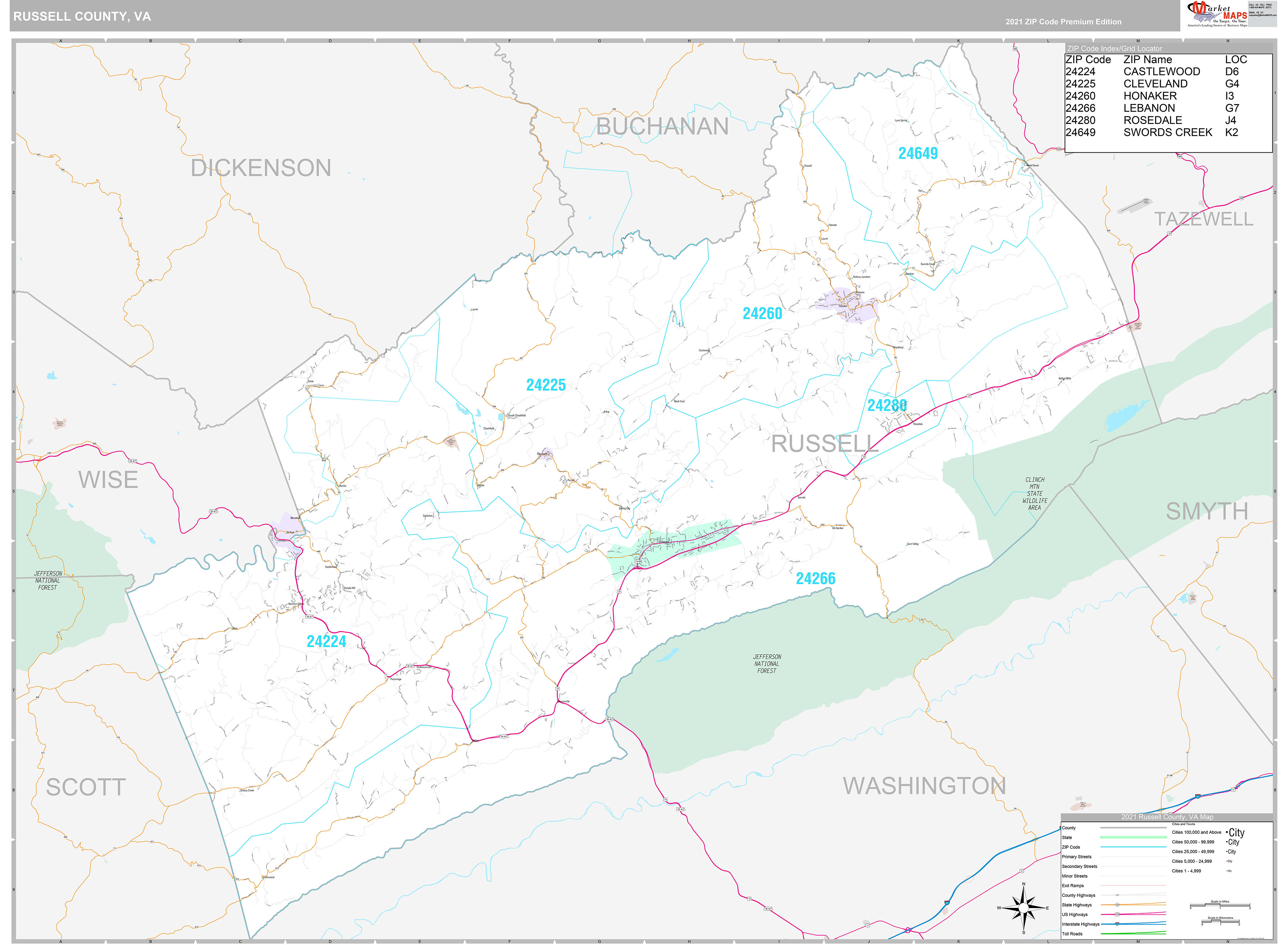 Russell County, VA Wall Map Premium Style by MarketMAPS