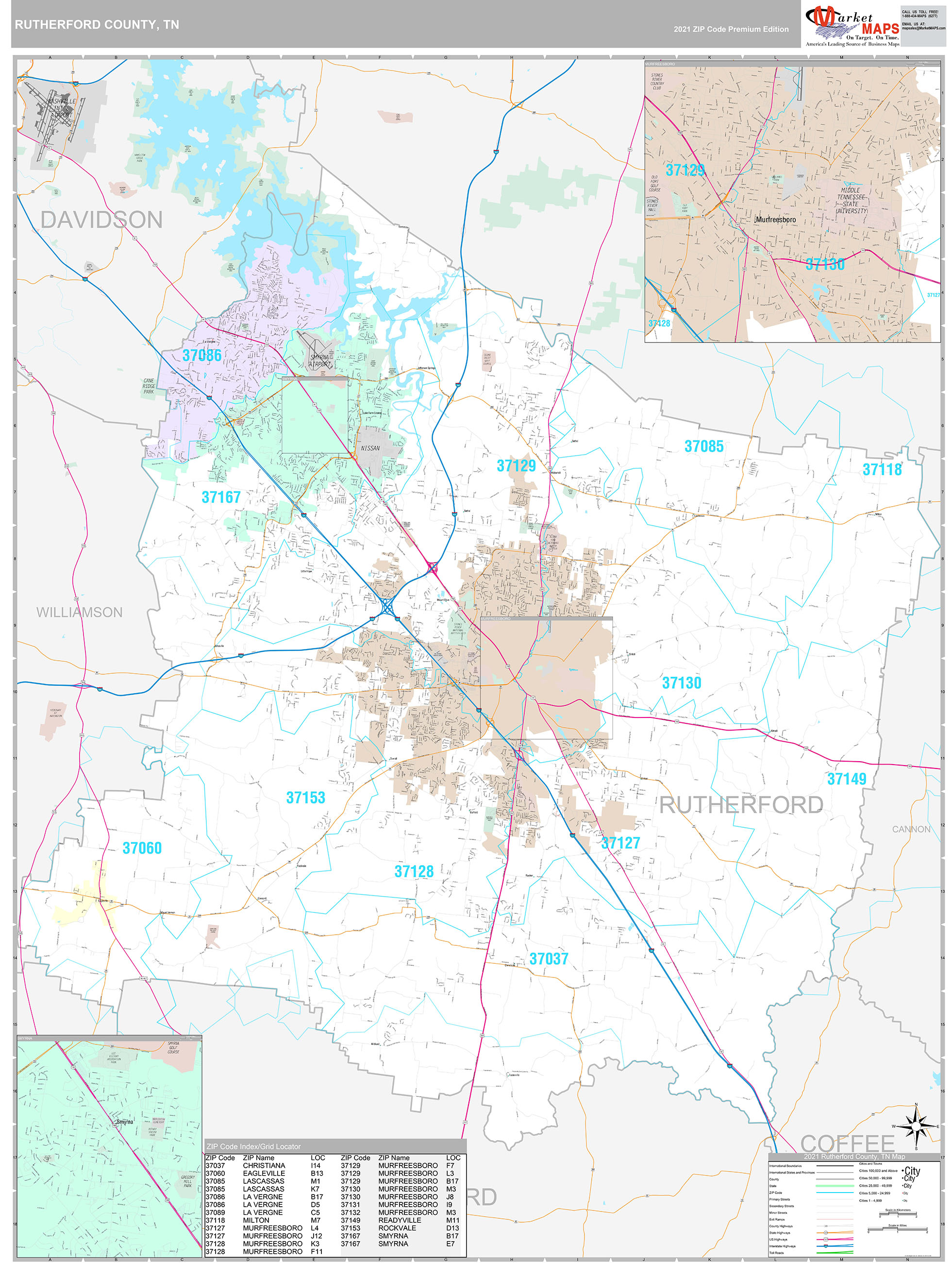 Rutherford County, TN Wall Map Premium Style by MarketMAPS MapSales