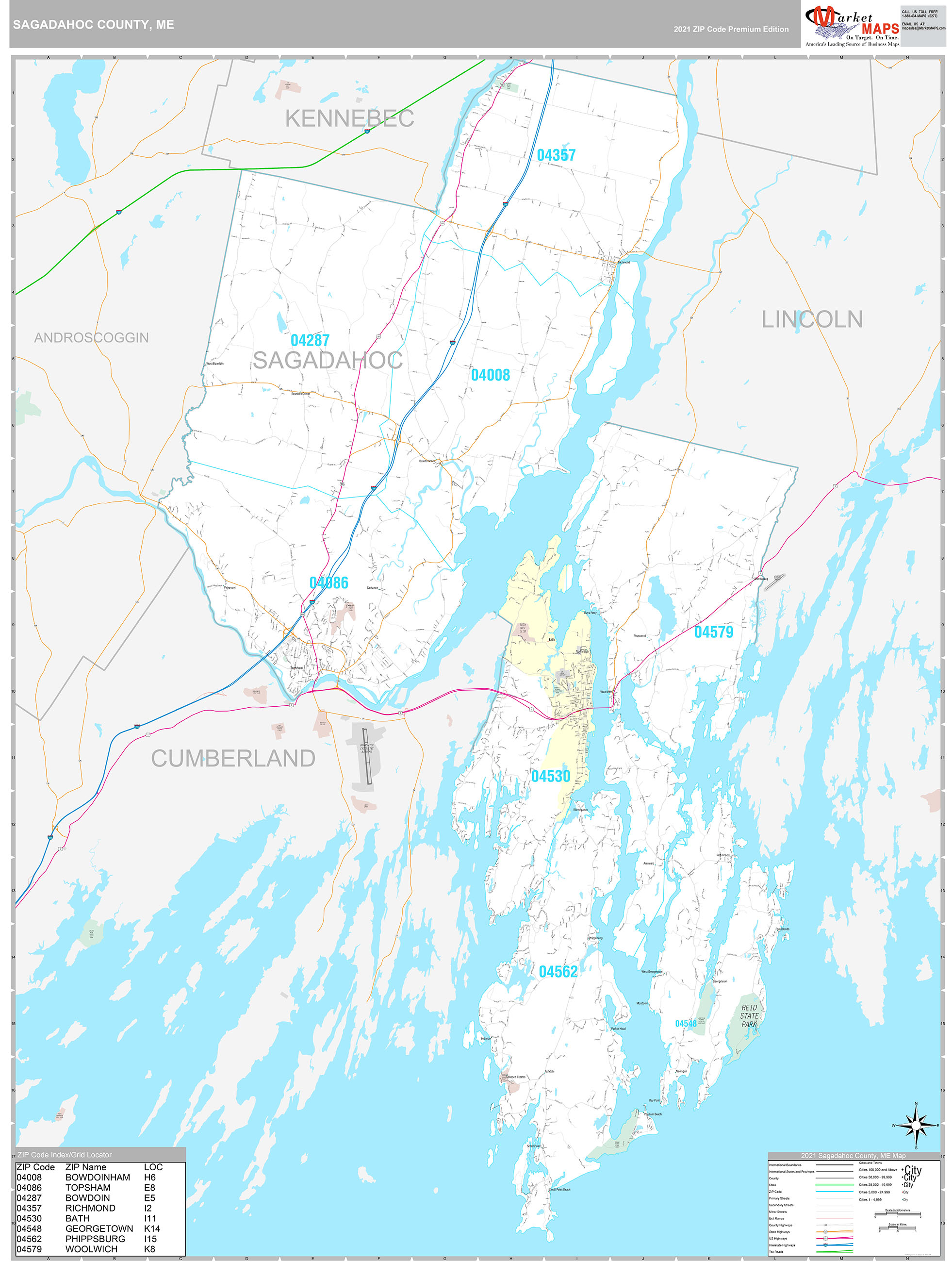 Sagadahoc County, ME Wall Map Premium Style by MarketMAPS MapSales