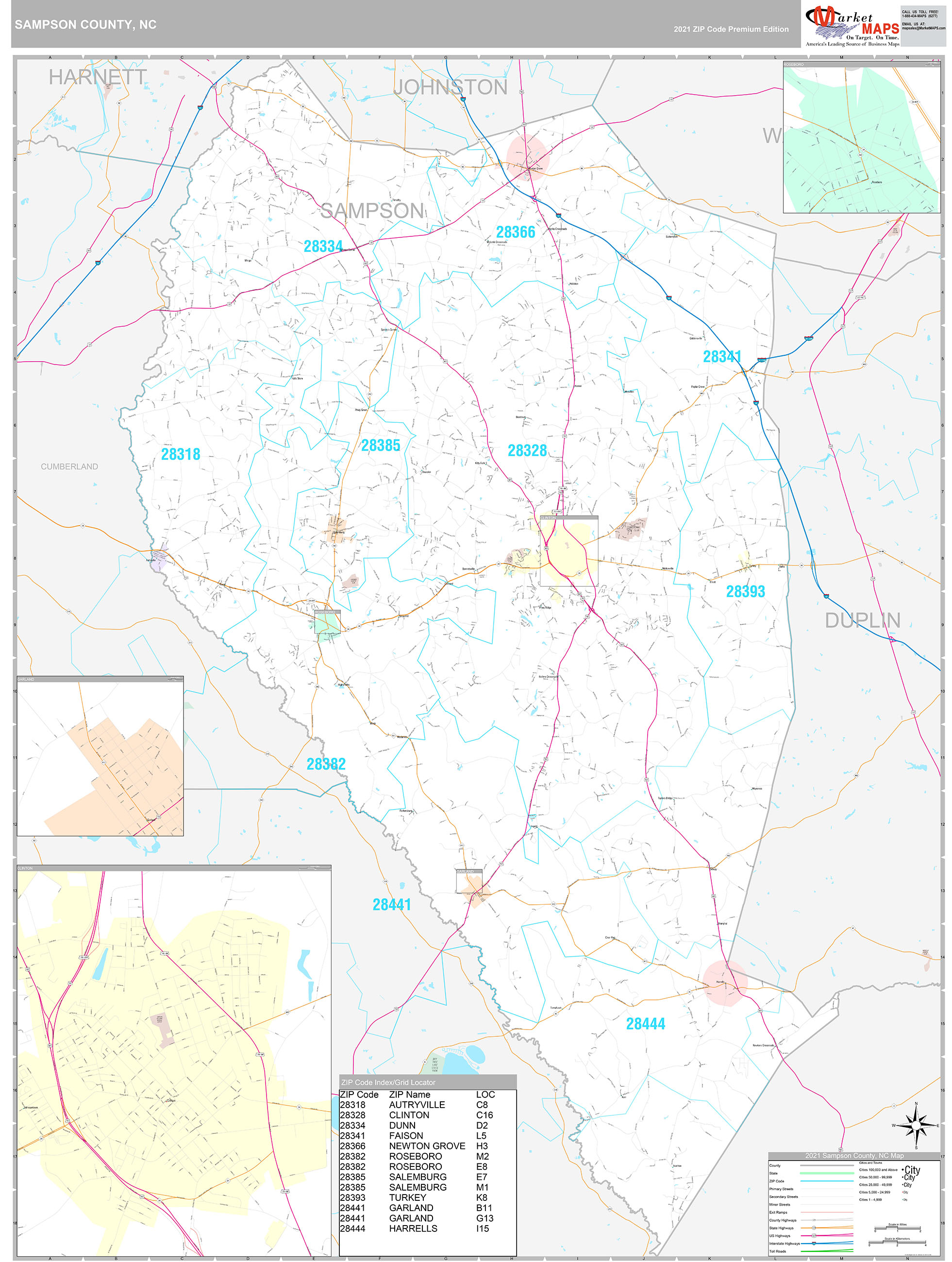 Sampson County, NC Wall Map Premium Style by MarketMAPS - MapSales.com