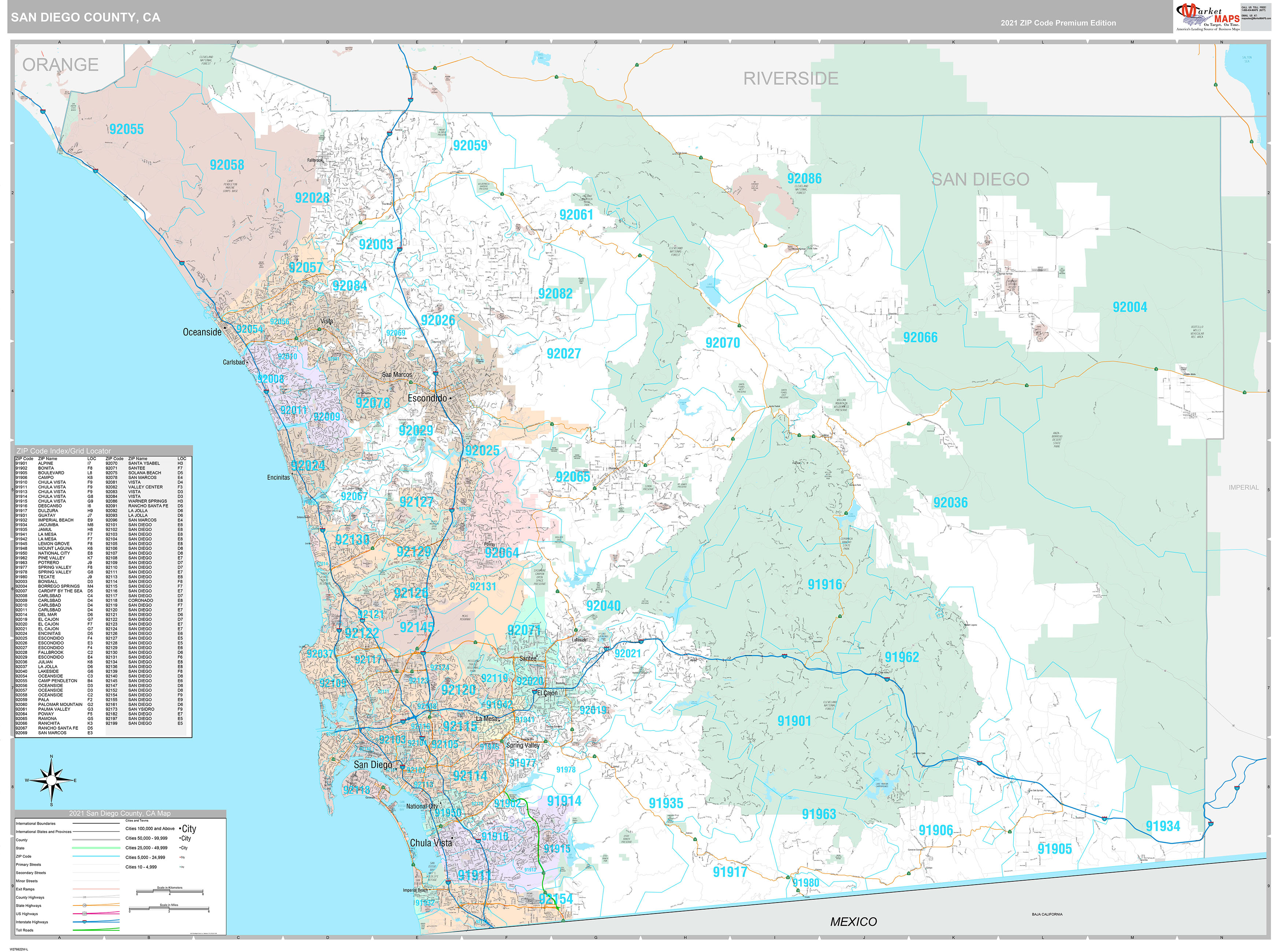 San Diego County, CA Wall Map Premium Style by MarketMAPS