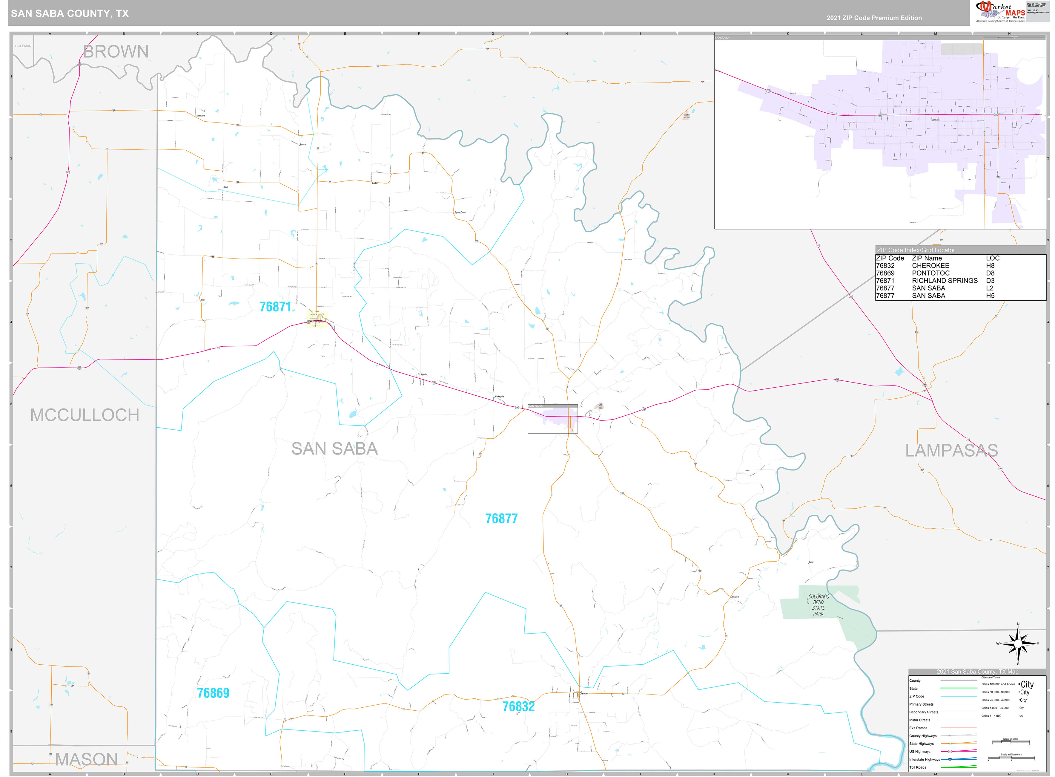 San Saba County, TX Wall Map Premium Style by MarketMAPS MapSales