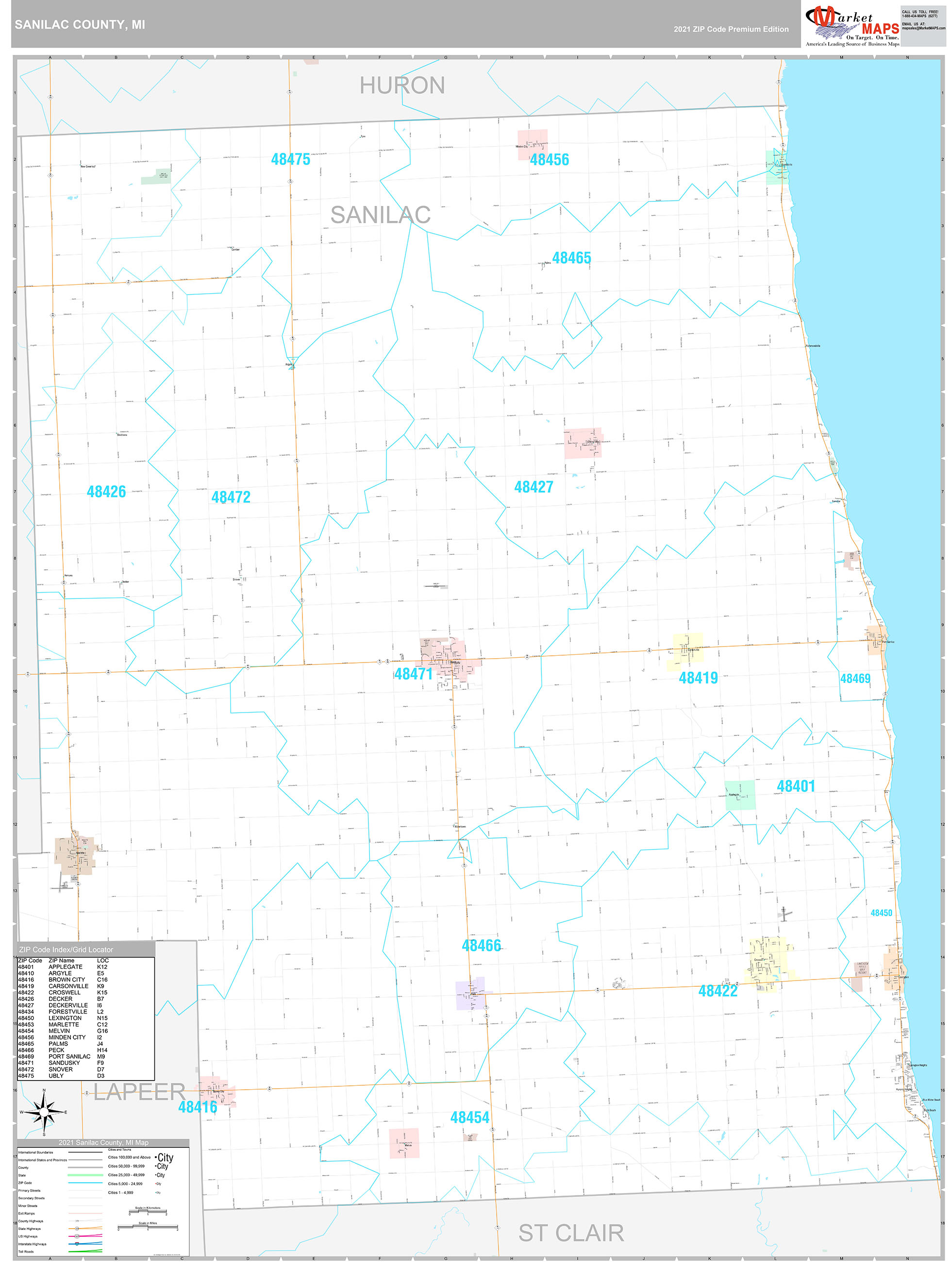 Sanilac County, MI Wall Map Premium Style by MarketMAPS