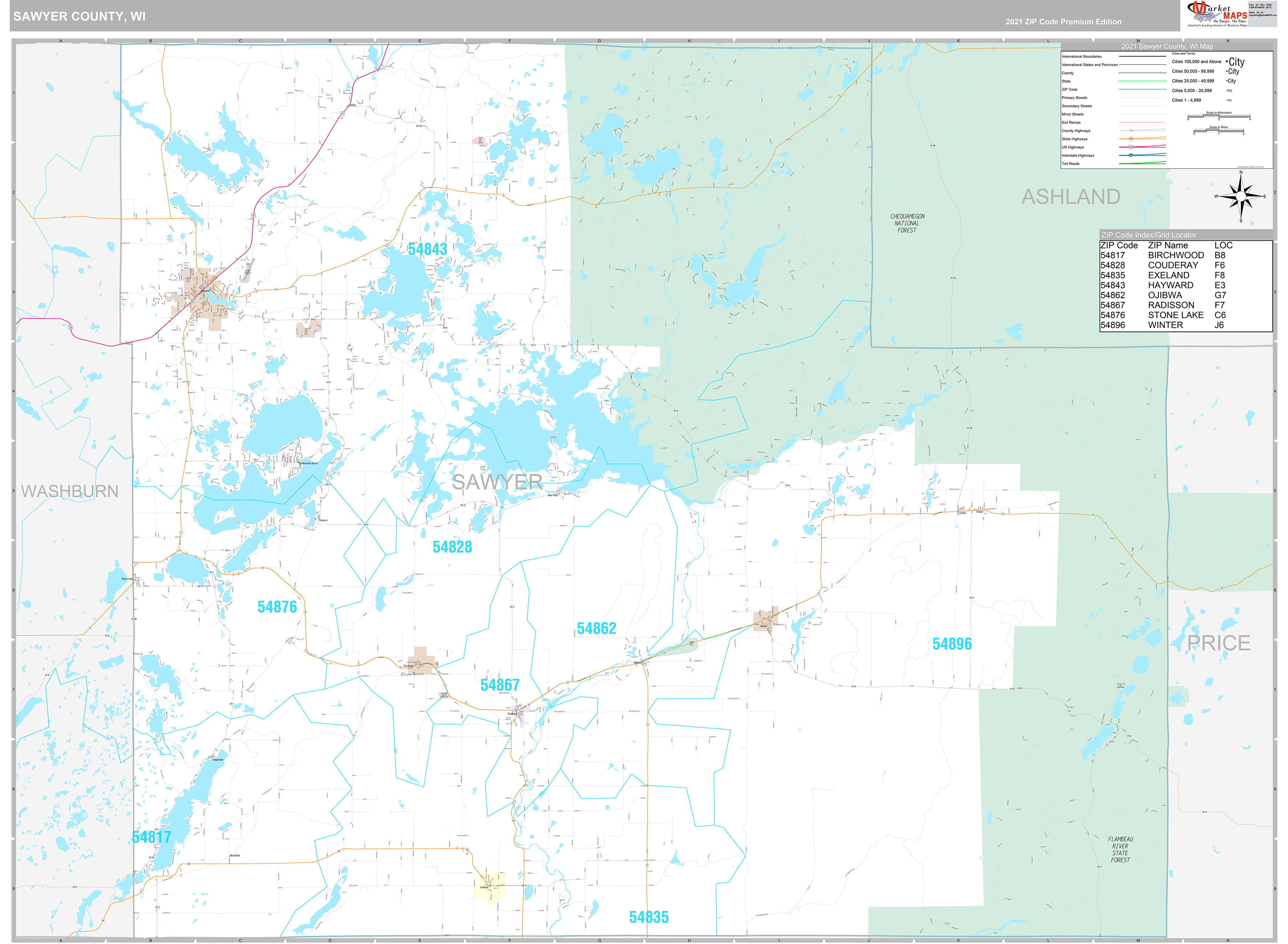 Sawyer County, WI Wall Map Premium Style by MarketMAPS MapSales