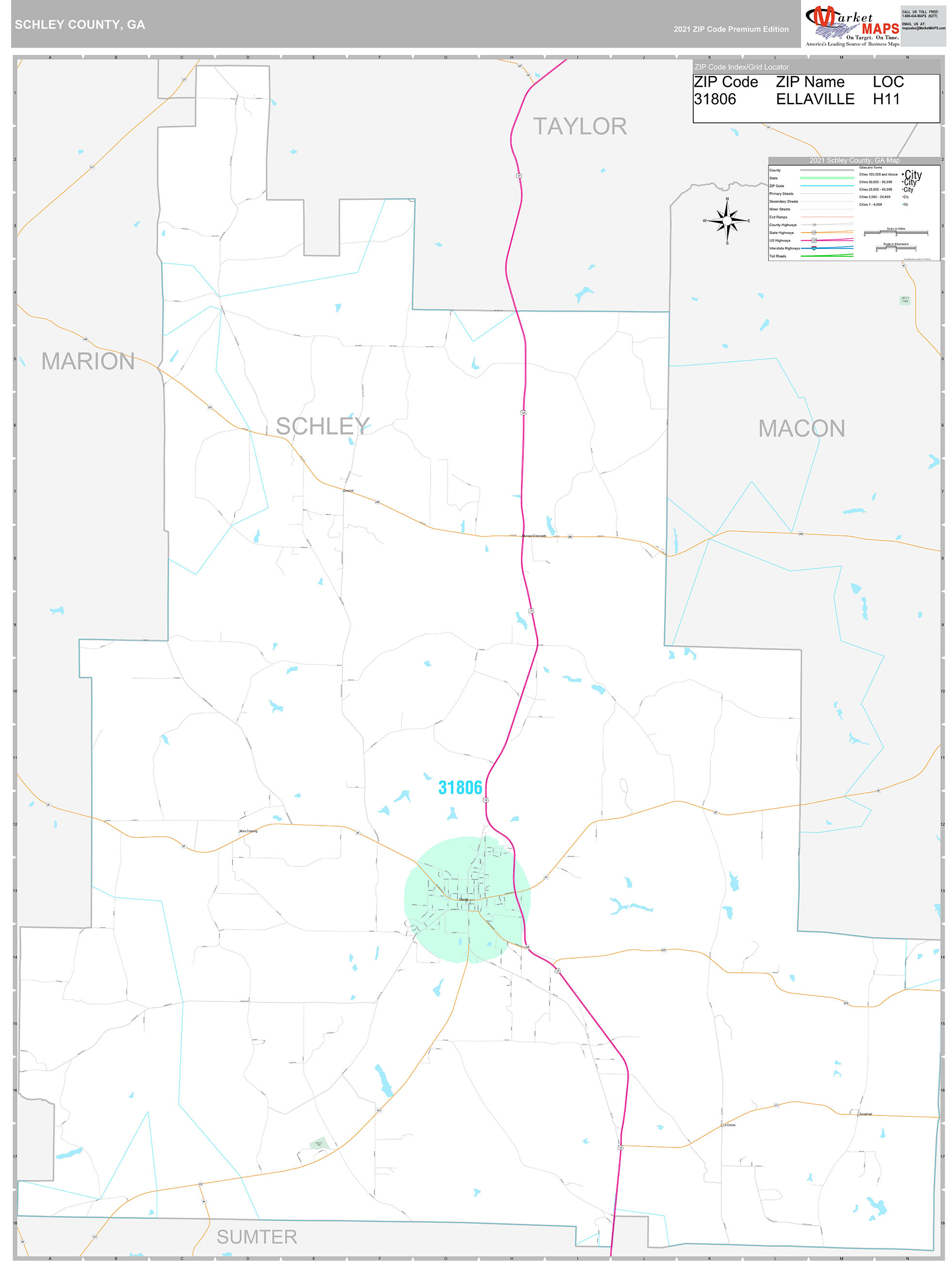 Schley County, GA Wall Map Premium Style by MarketMAPS