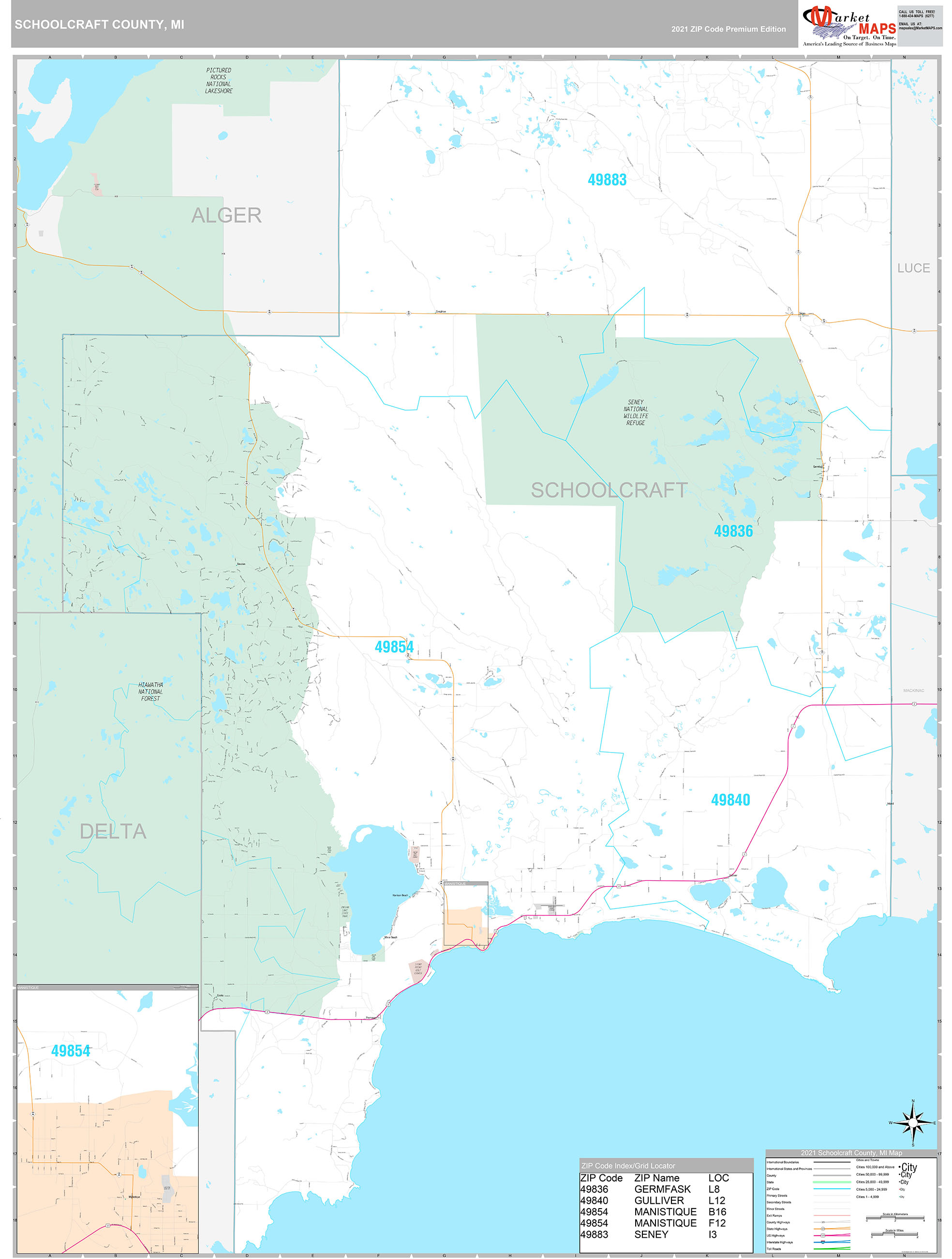 Schoolcraft County, MI Wall Map Premium Style by MarketMAPS