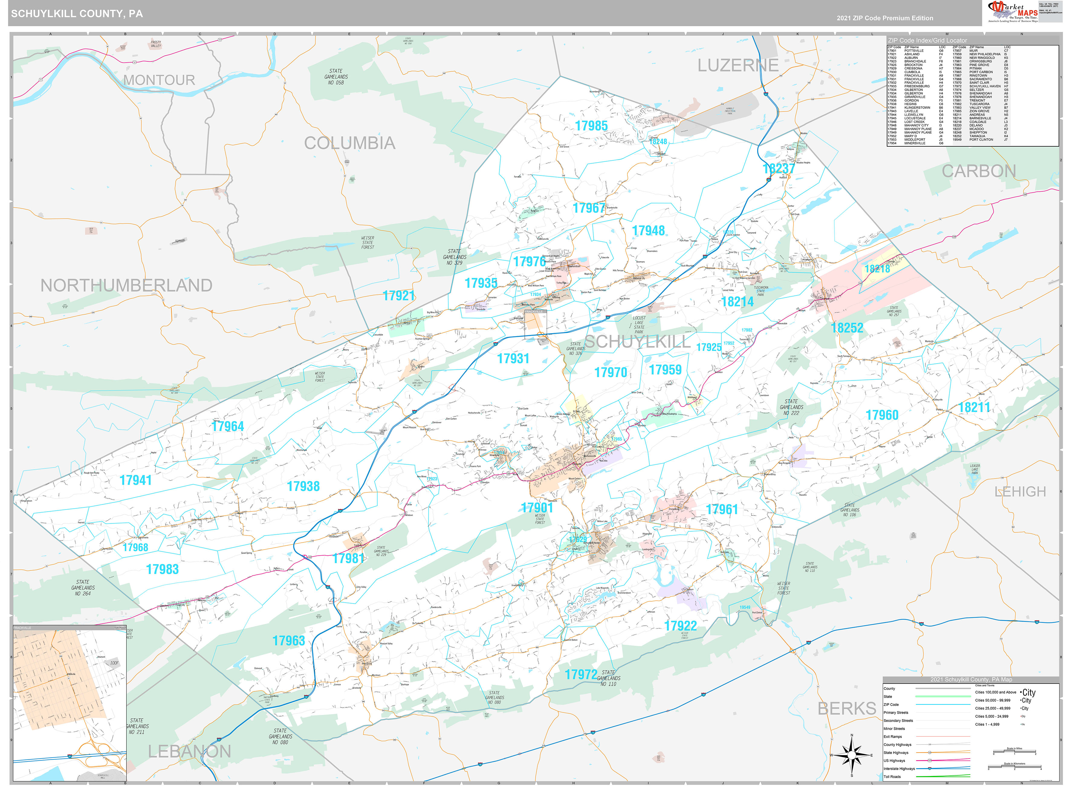Schuylkill County, PA Wall Map Premium Style by MarketMAPS