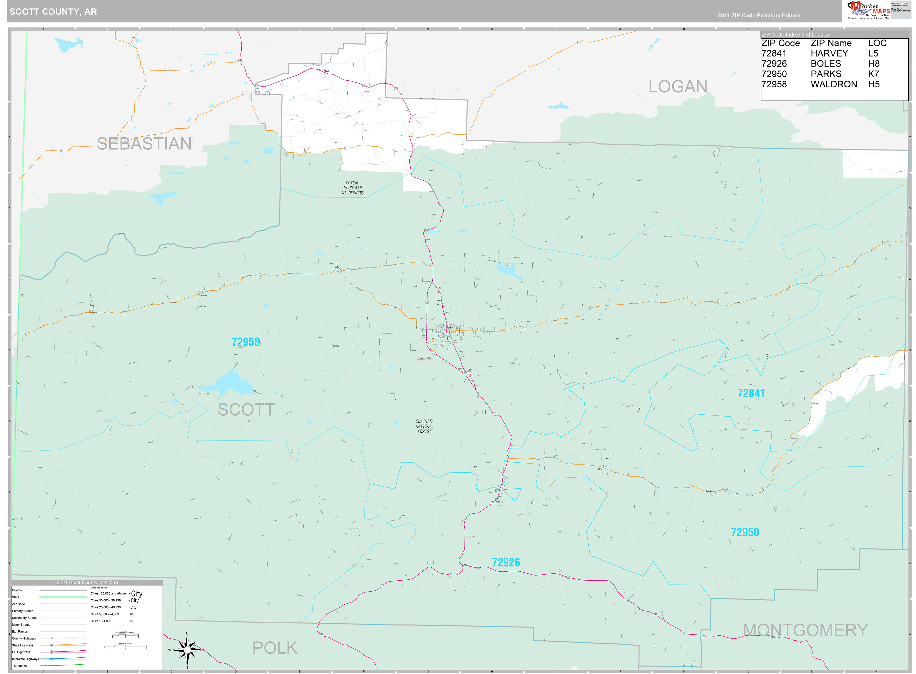 Scott County, AR Wall Map Premium Style by MarketMAPS