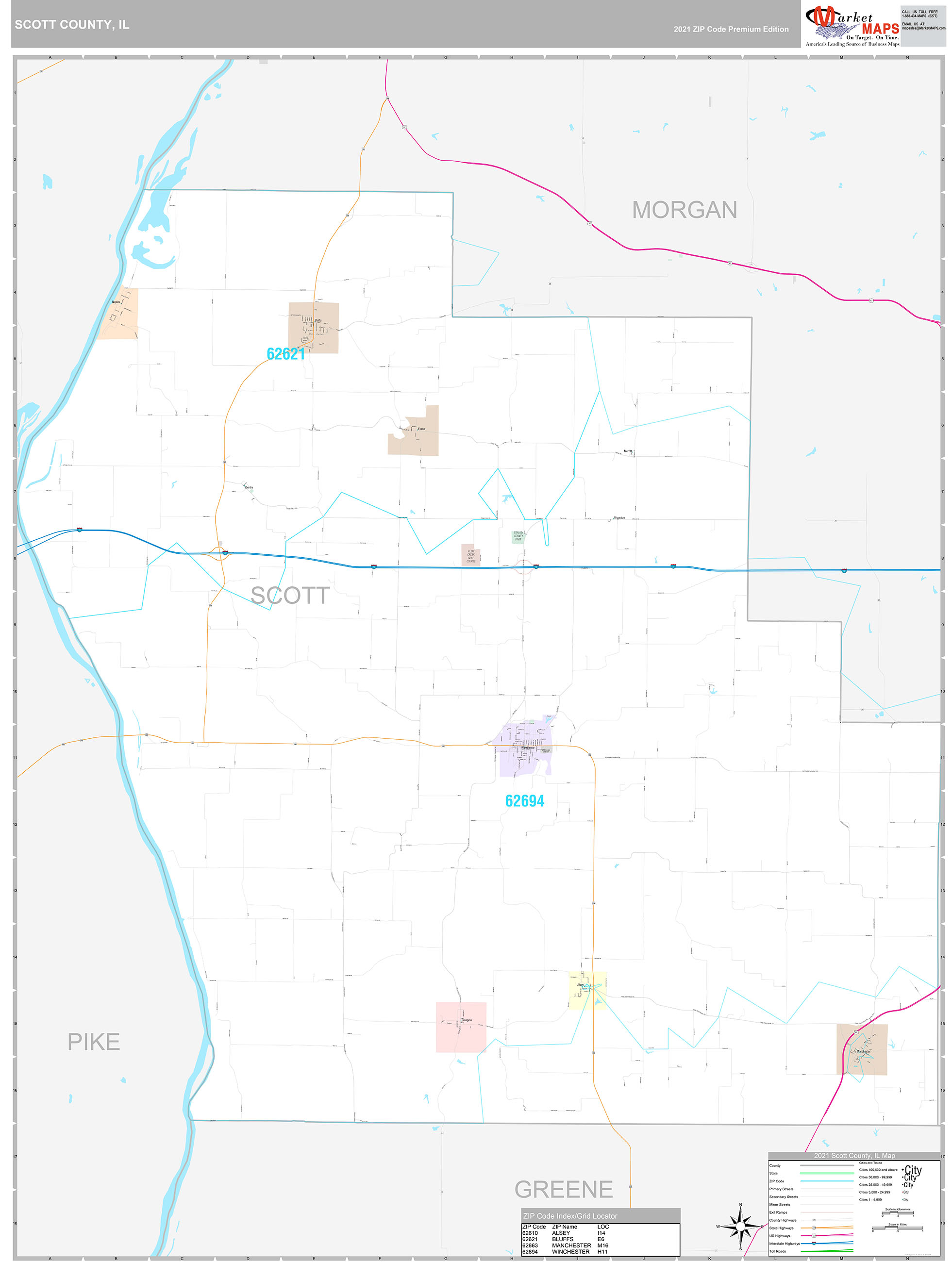 Scott County, IL Wall Map Premium Style by MarketMAPS