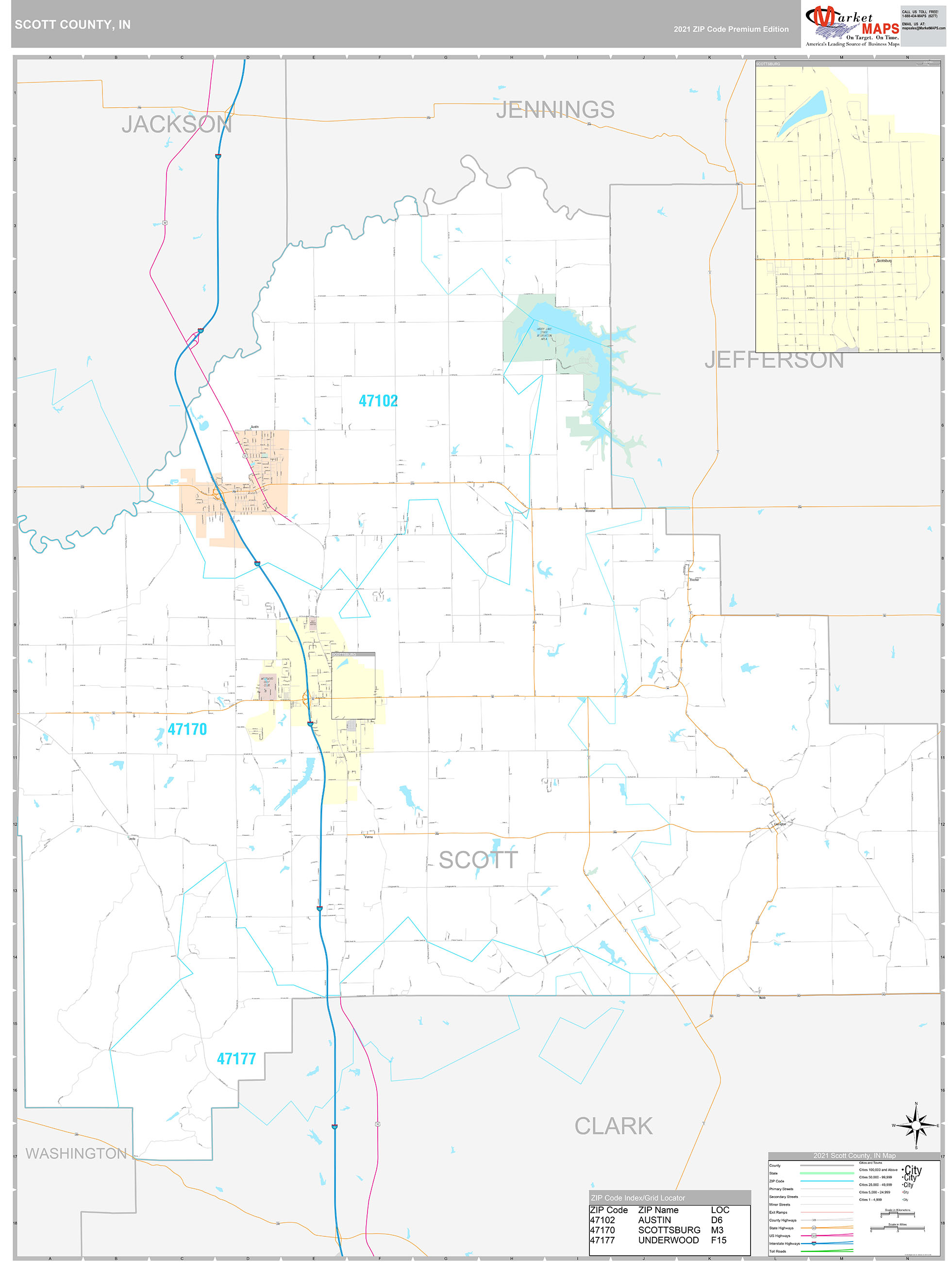 Scott County, IN Wall Map Premium Style by MarketMAPS