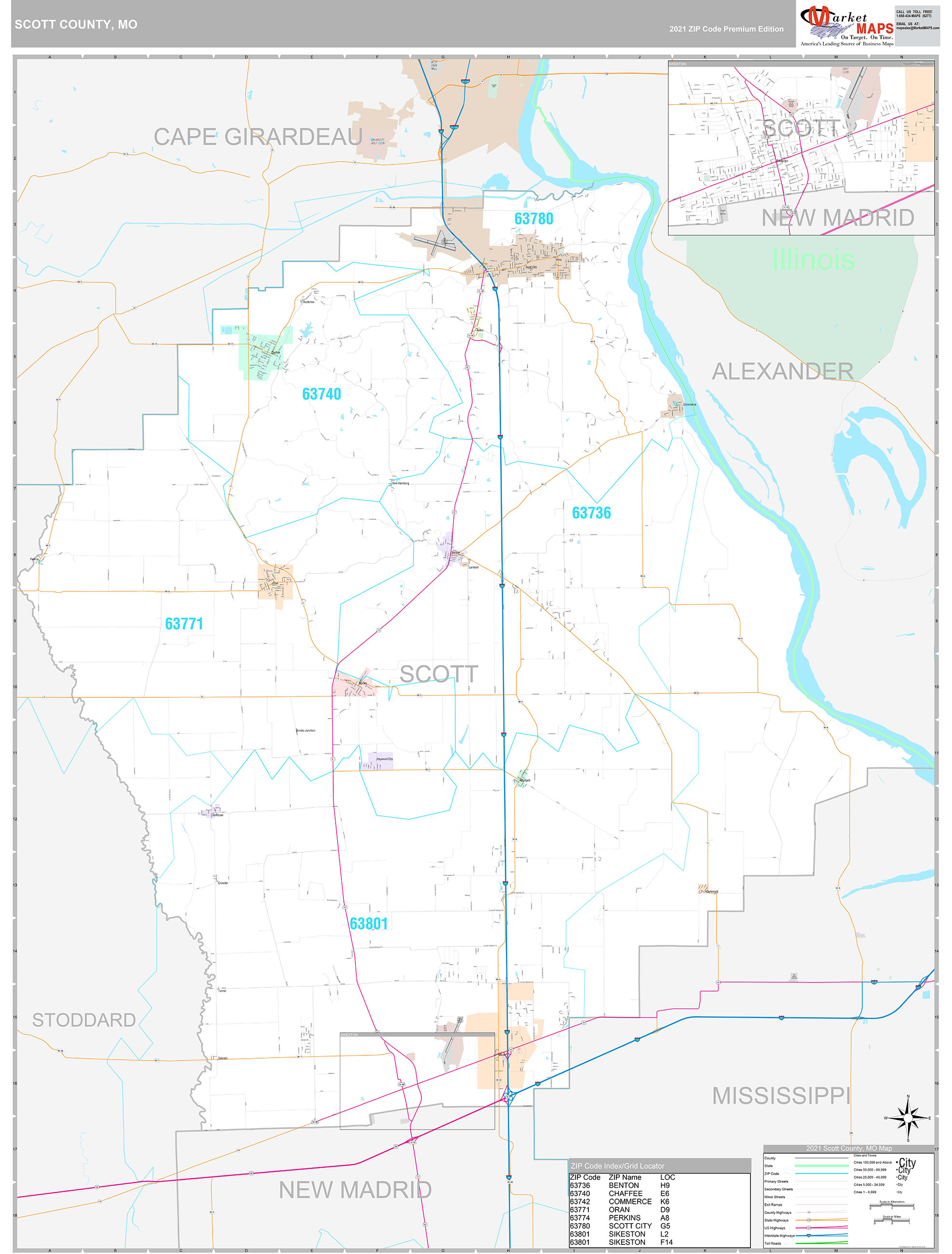 Scott County, MO Wall Map Premium Style by MarketMAPS