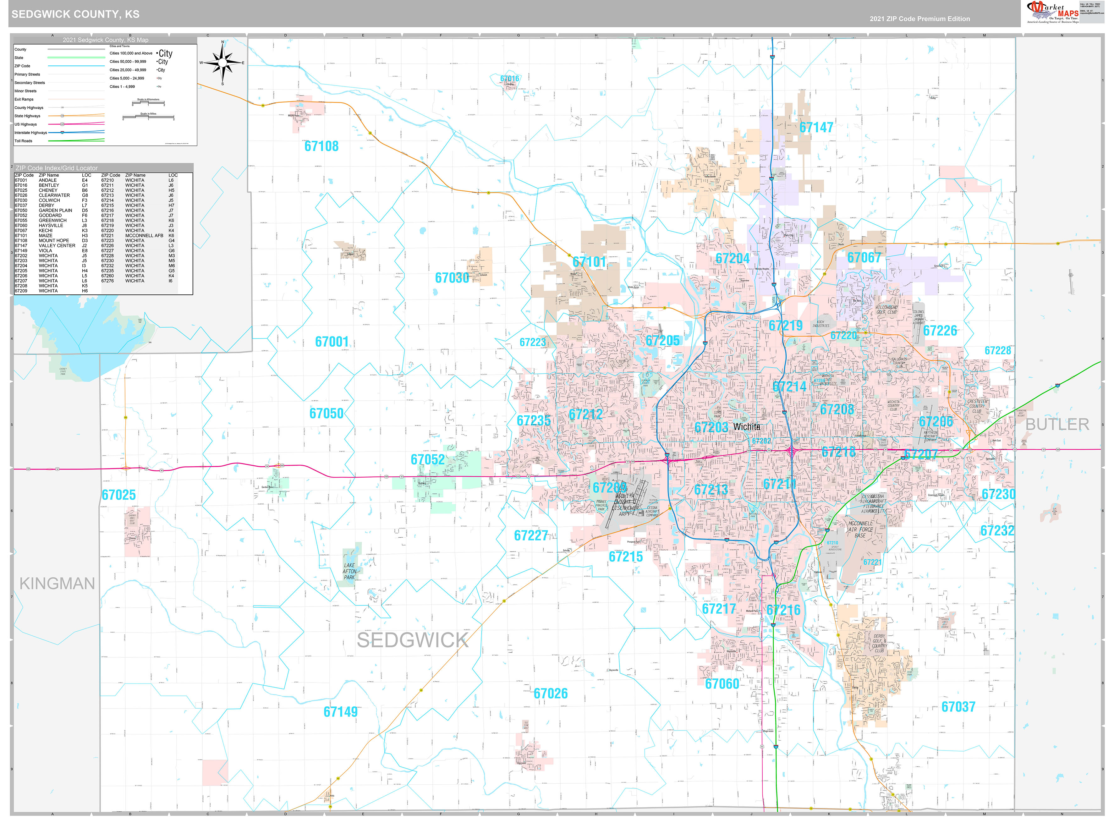 Sedgwick County, KS Wall Map Premium Style by MarketMAPS MapSales