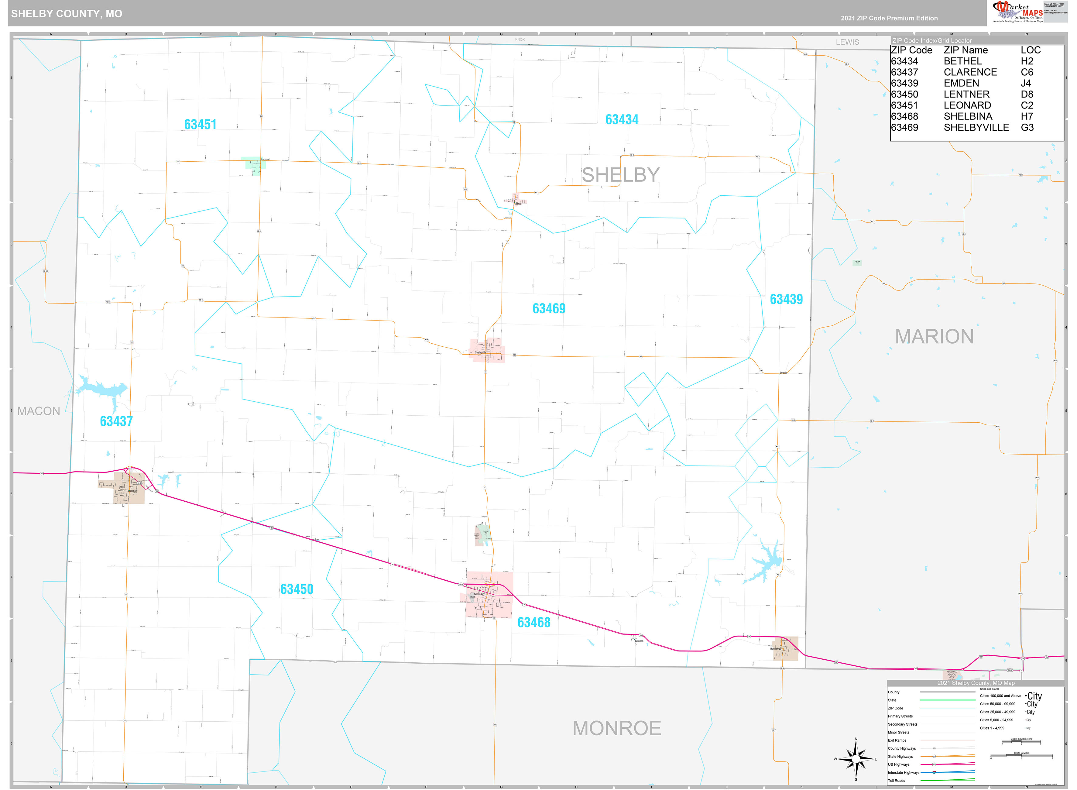 Shelby County, MO Wall Map Premium Style by MarketMAPS