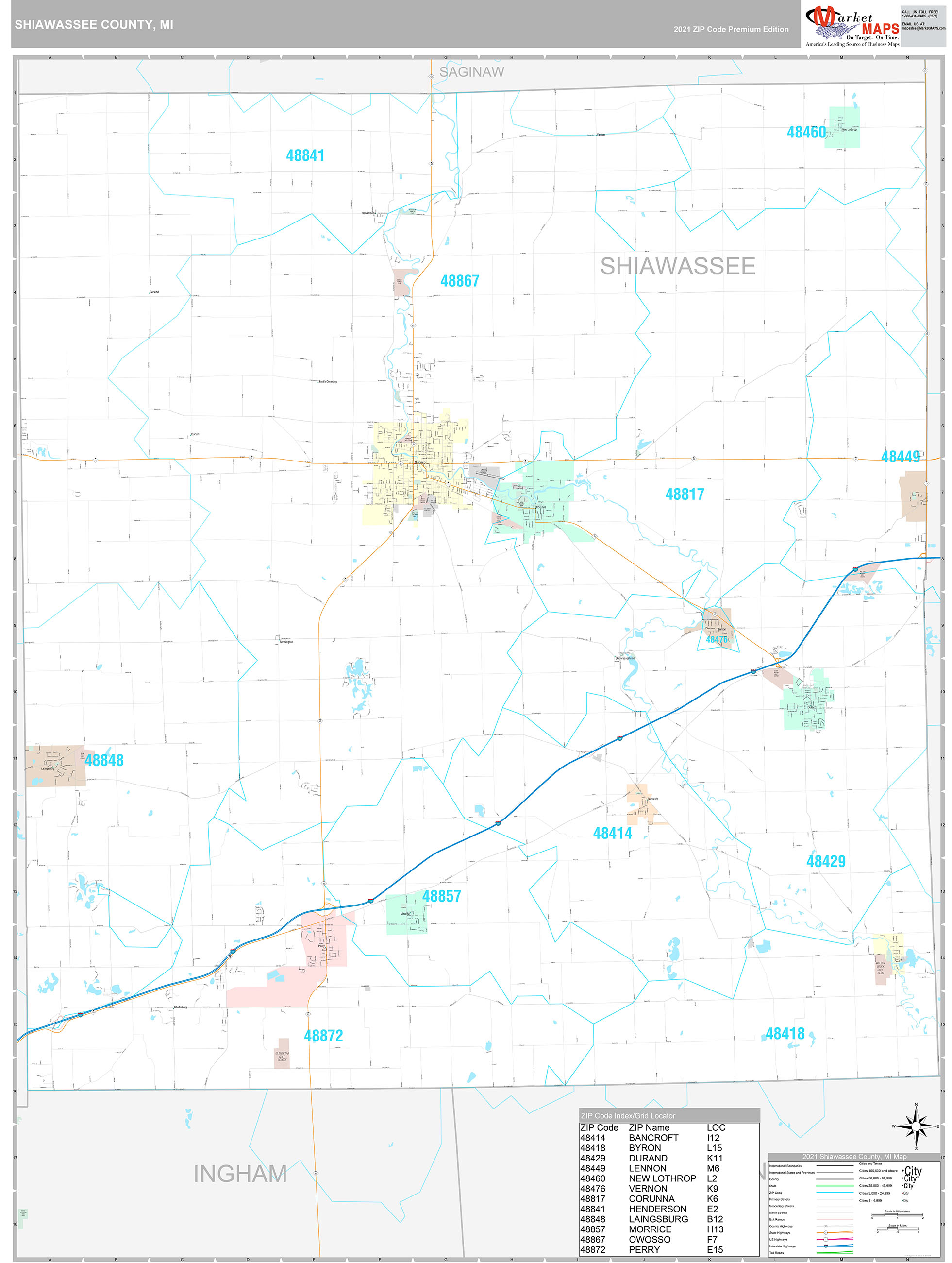 Shiawassee County, MI Wall Map Premium Style by MarketMAPS MapSales