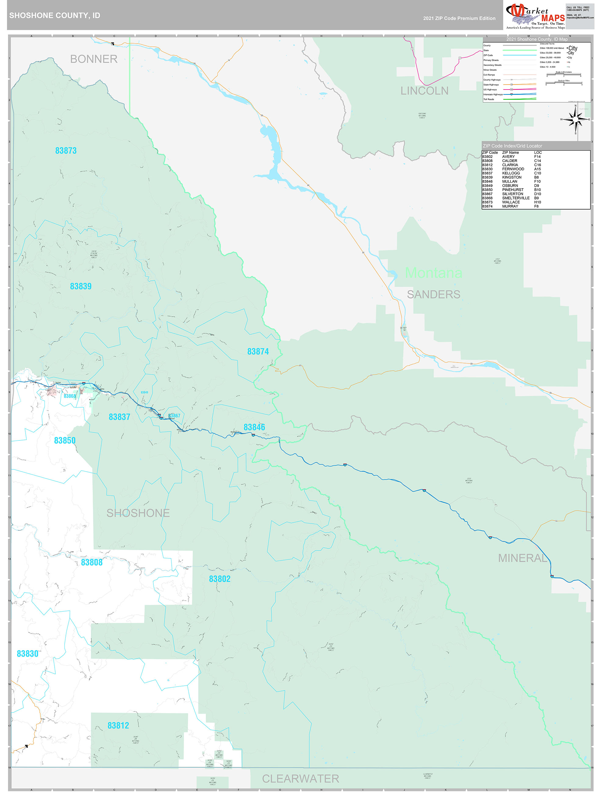 Shoshone County, ID Wall Map Premium Style by MarketMAPS