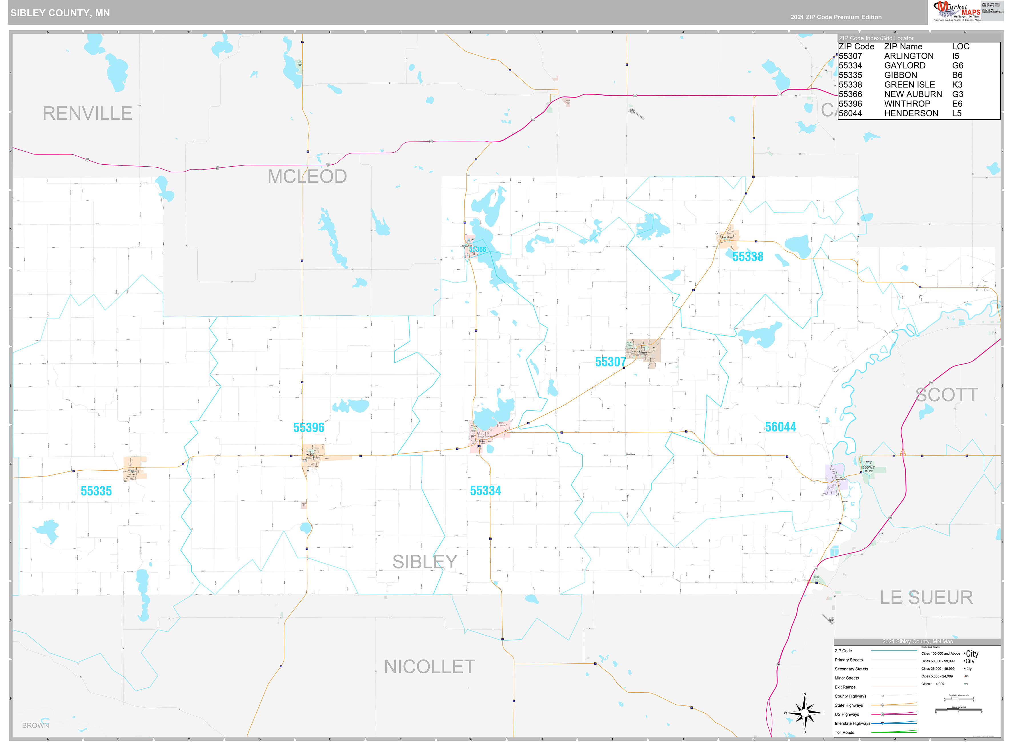 Sibley County, MN Wall Map Premium Style by MarketMAPS