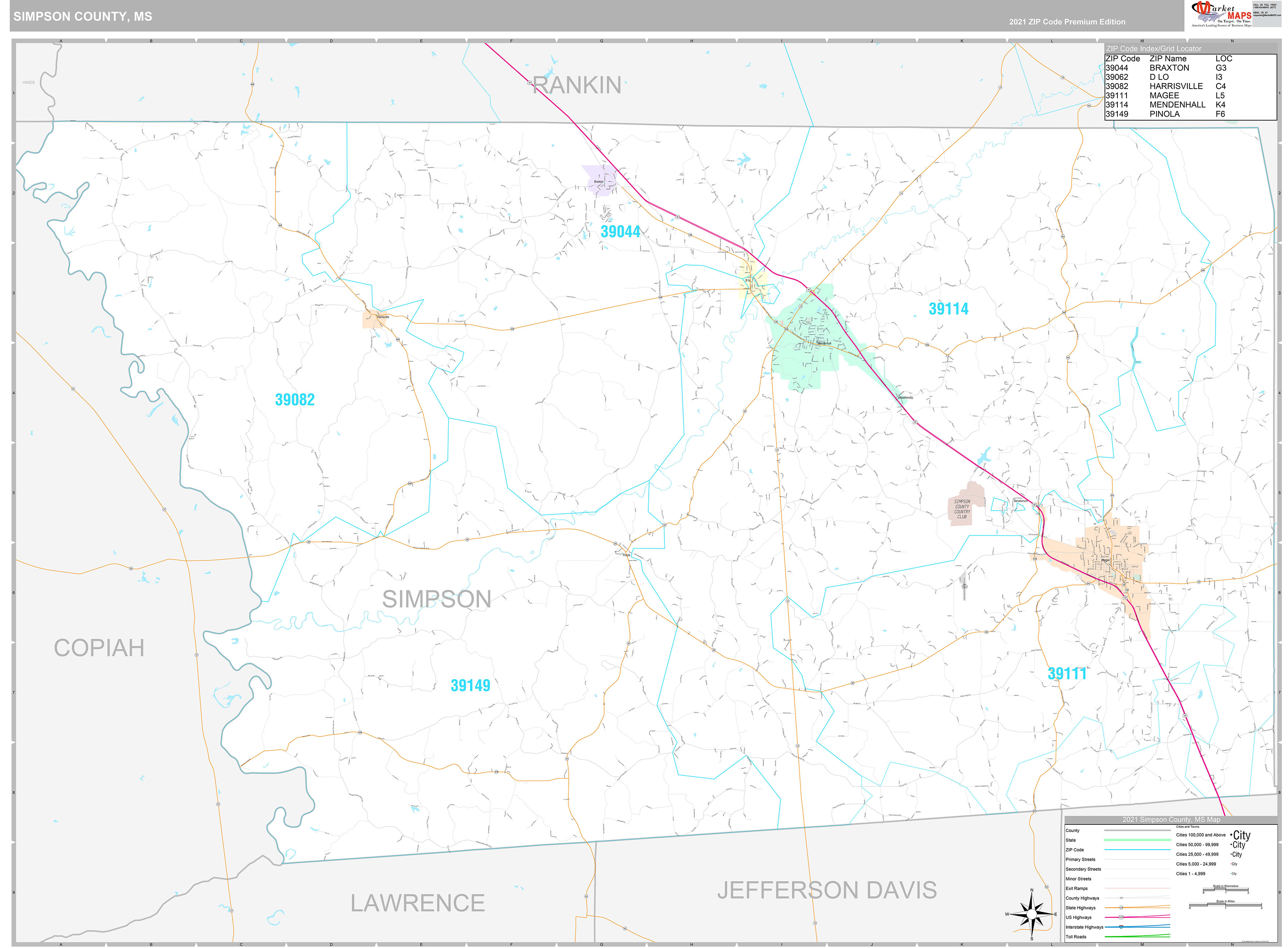 Simpson County, MS Wall Map Premium Style by MarketMAPS MapSales