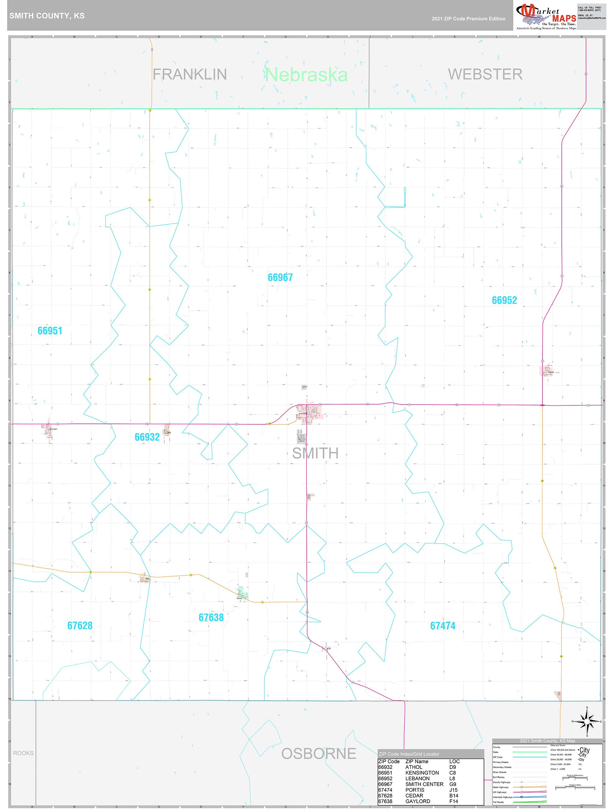 Smith County, KS Wall Map Premium Style by MarketMAPS