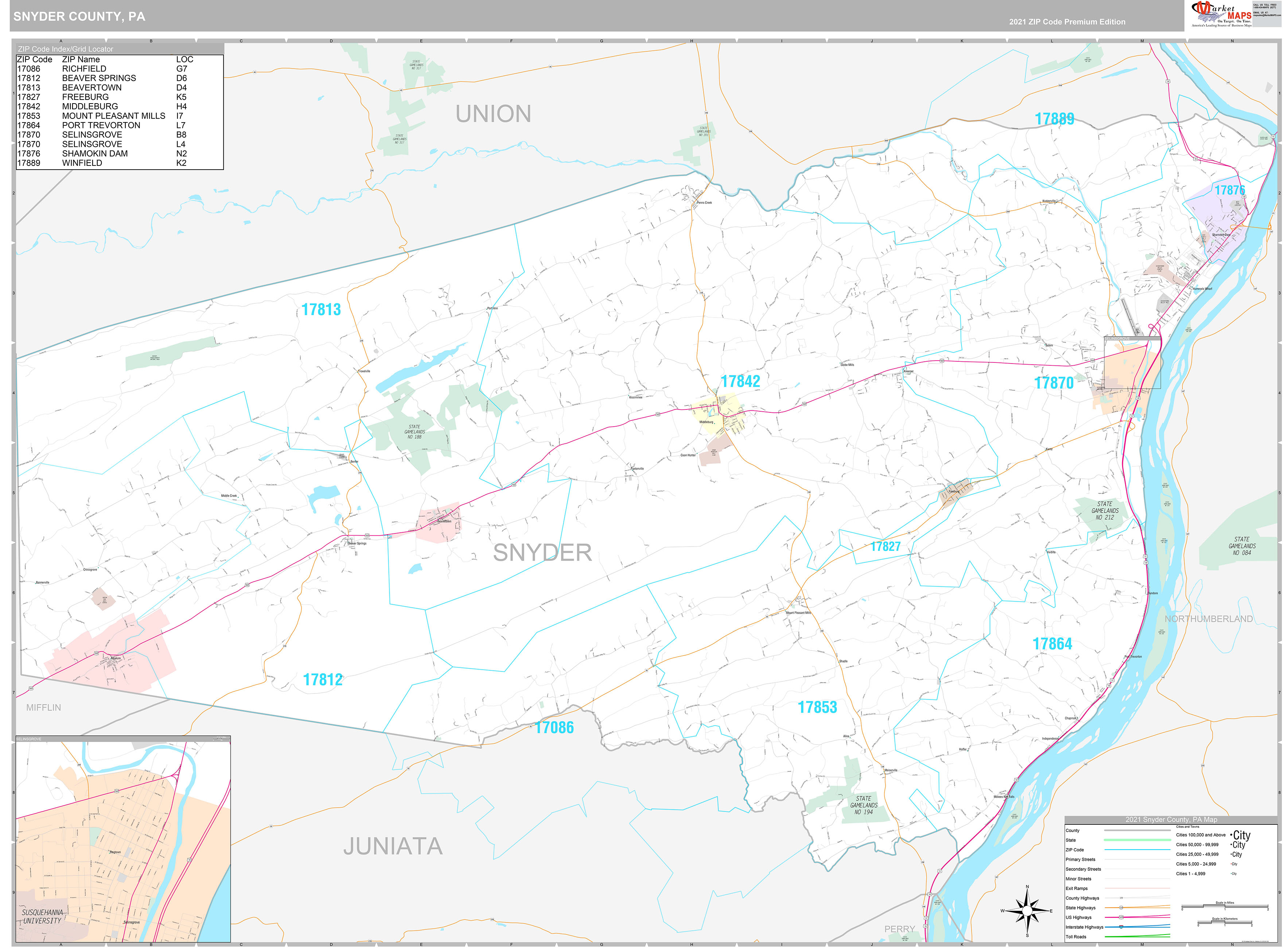 Snyder County, PA Wall Map Premium Style by MarketMAPS MapSales