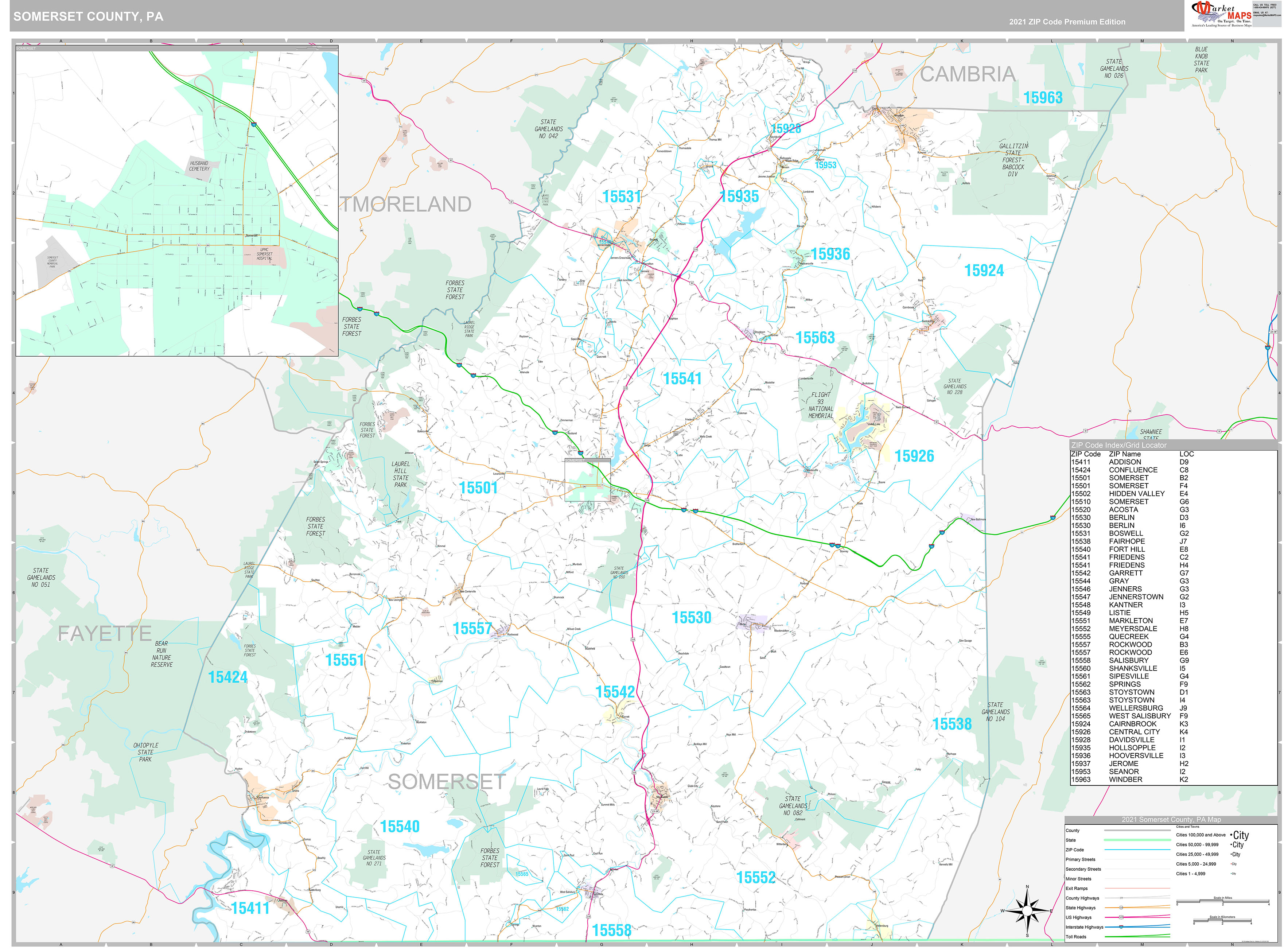Somerset County, PA Wall Map Premium Style by MarketMAPS