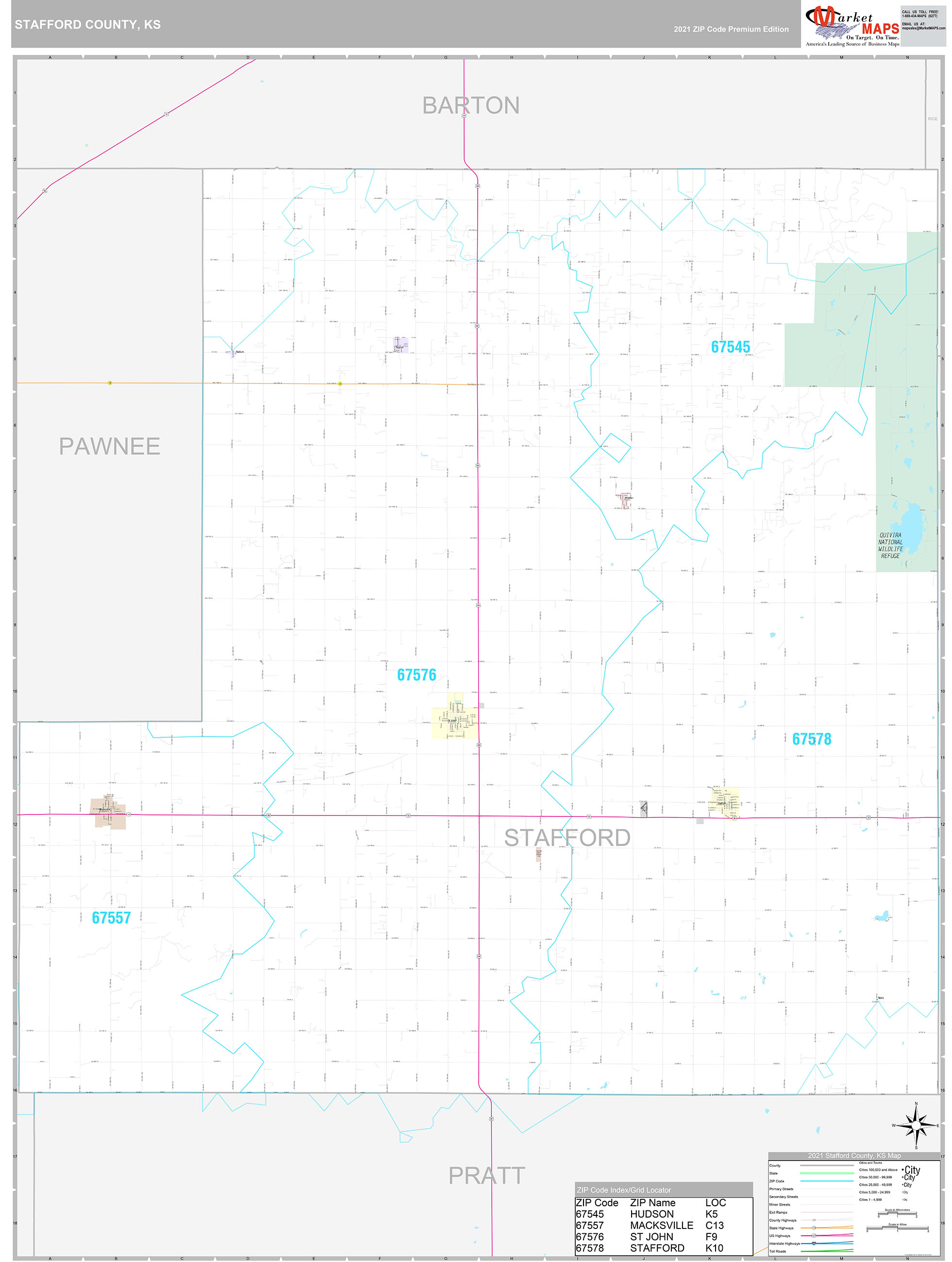 Stafford County, KS Wall Map Premium Style by MarketMAPS