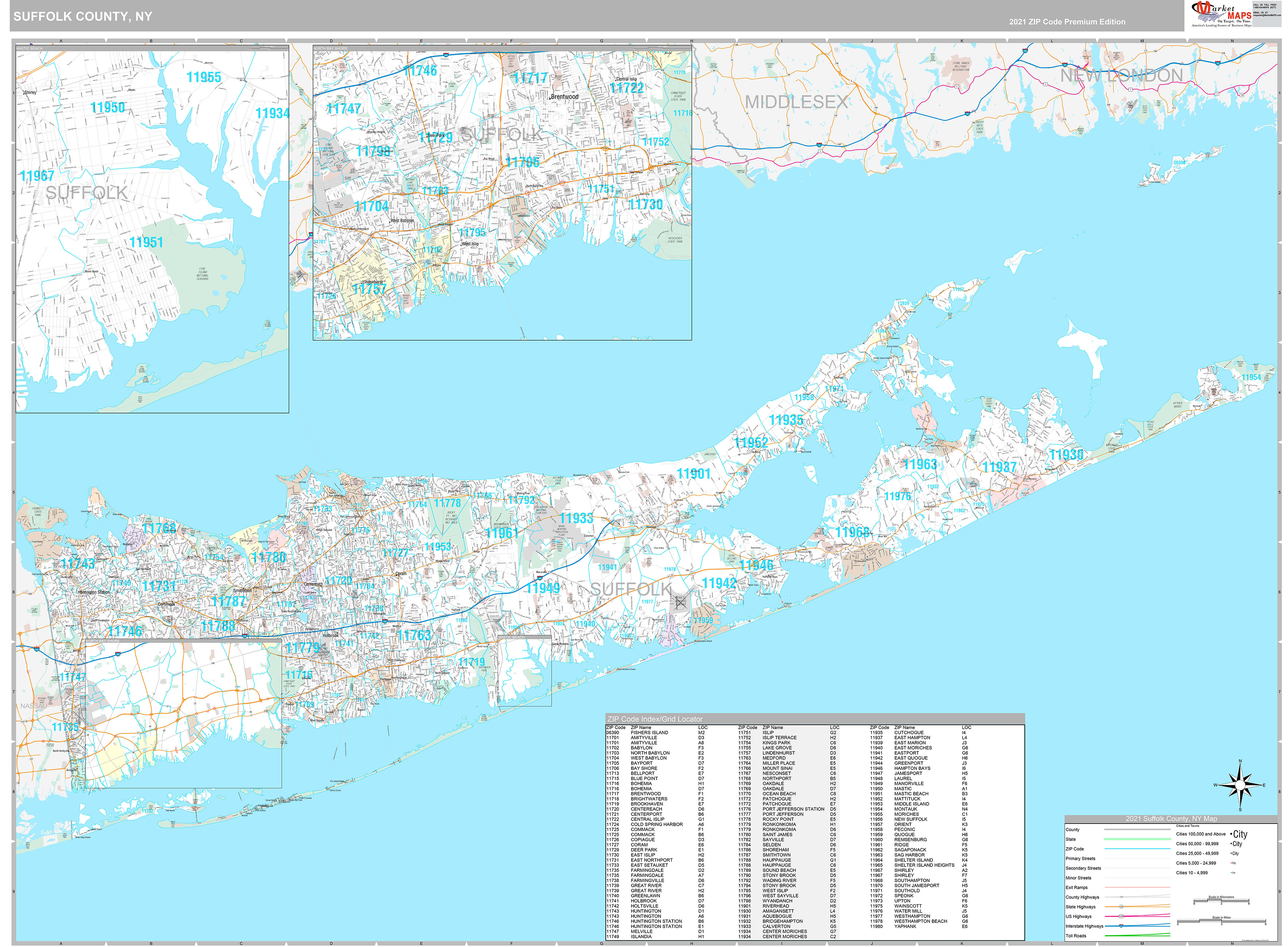 Suffolk County, NY Wall Map Premium Style by MarketMAPS MapSales