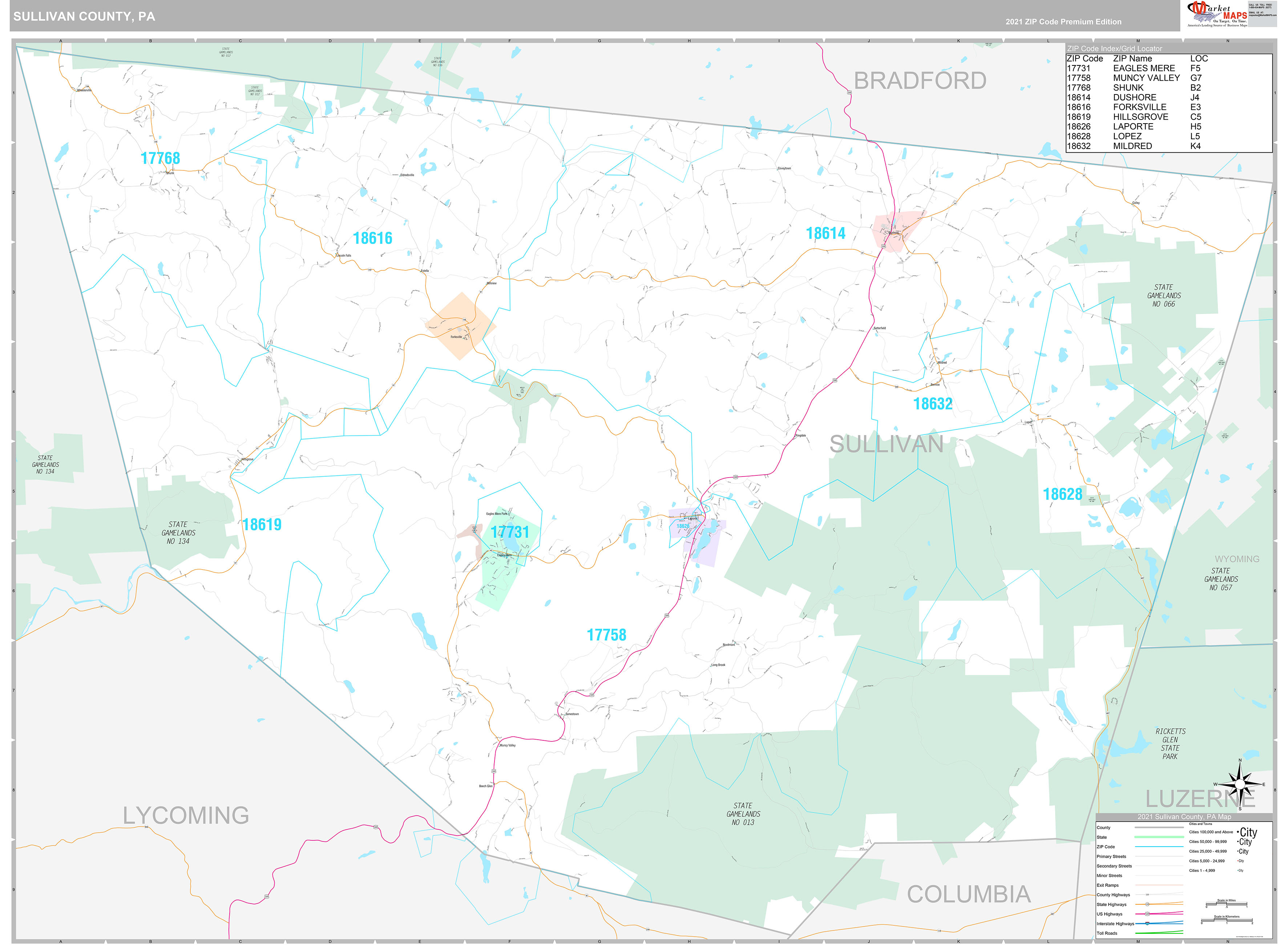 Sullivan County, PA Wall Map Premium Style by MarketMAPS MapSales