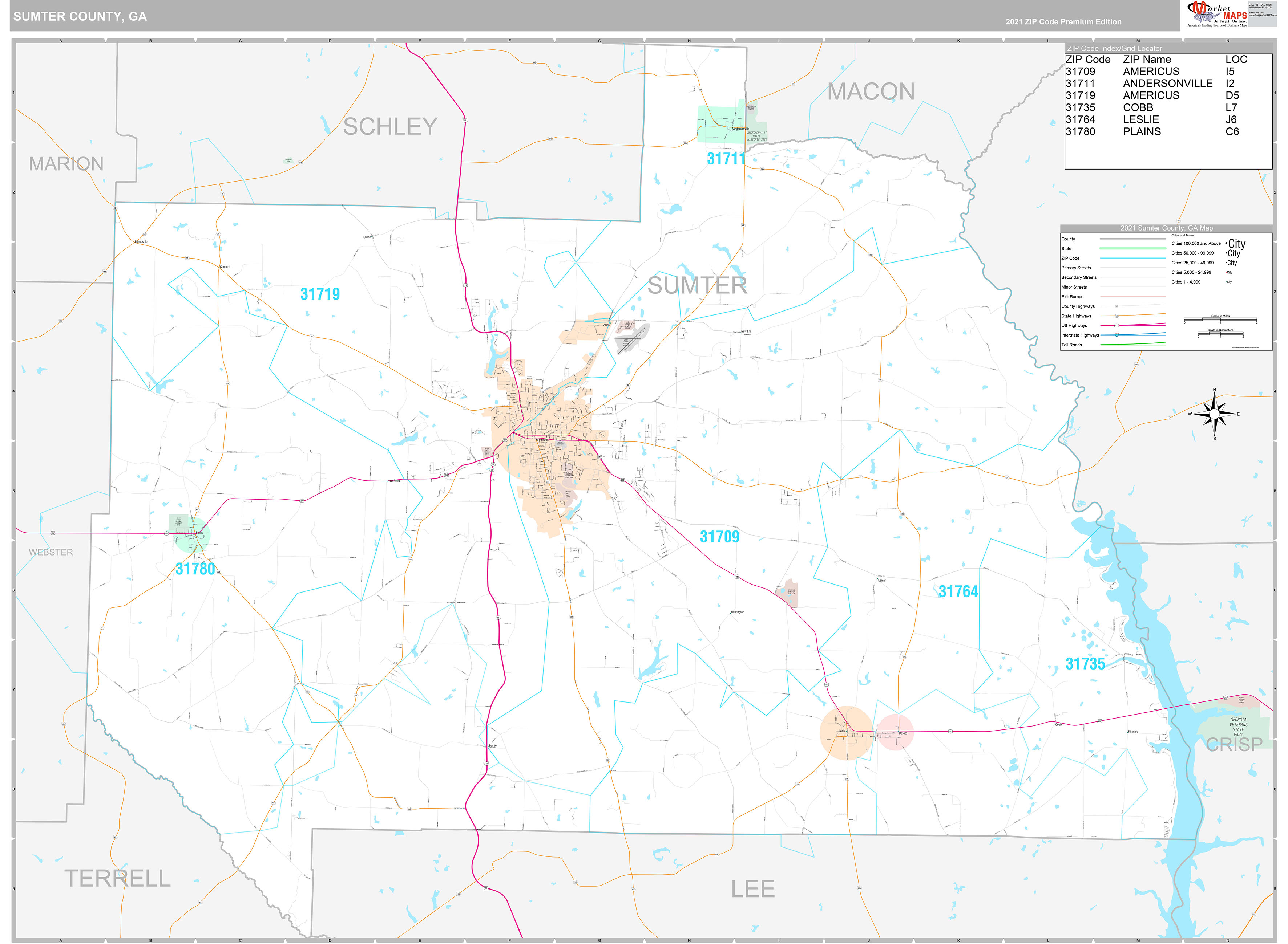 Sumter County, GA Wall Map Premium Style by MarketMAPS