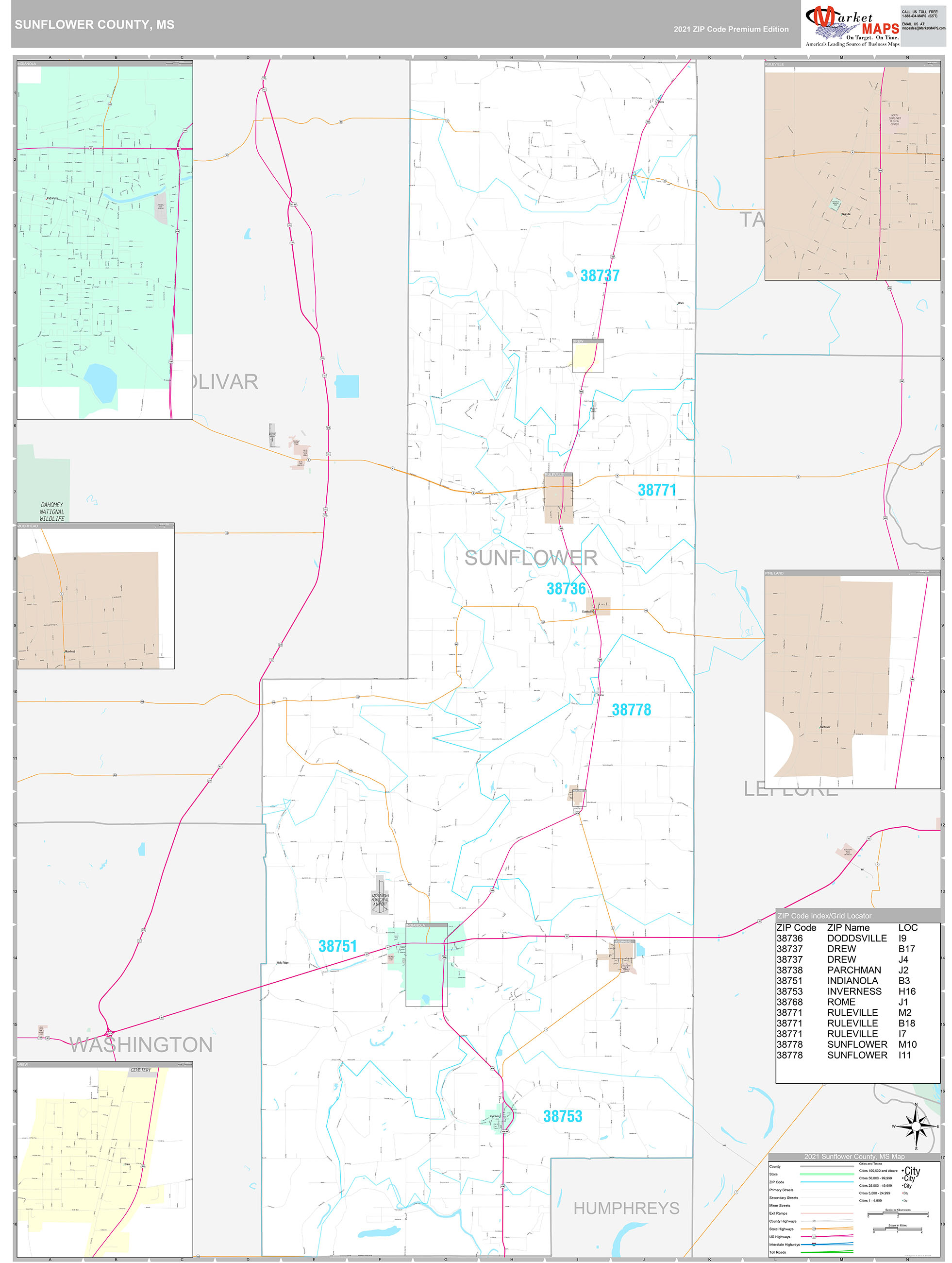 Sunflower County, MS Wall Map Premium Style by MarketMAPS