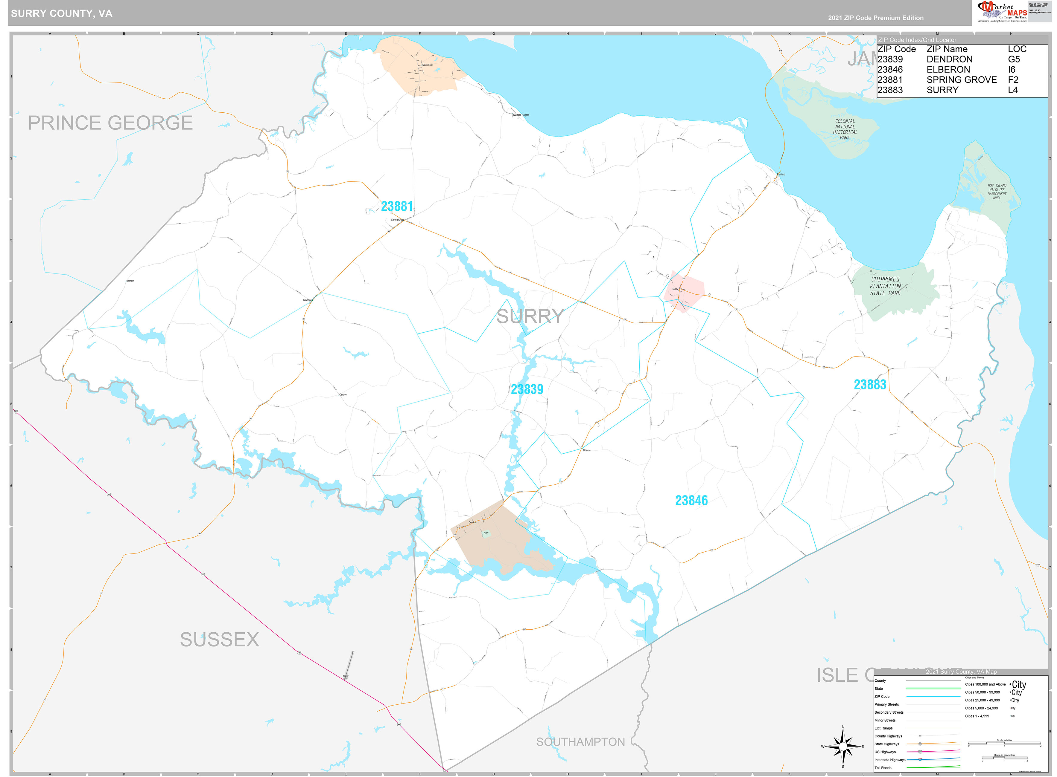 Surry County, VA Wall Map Premium Style by MarketMAPS