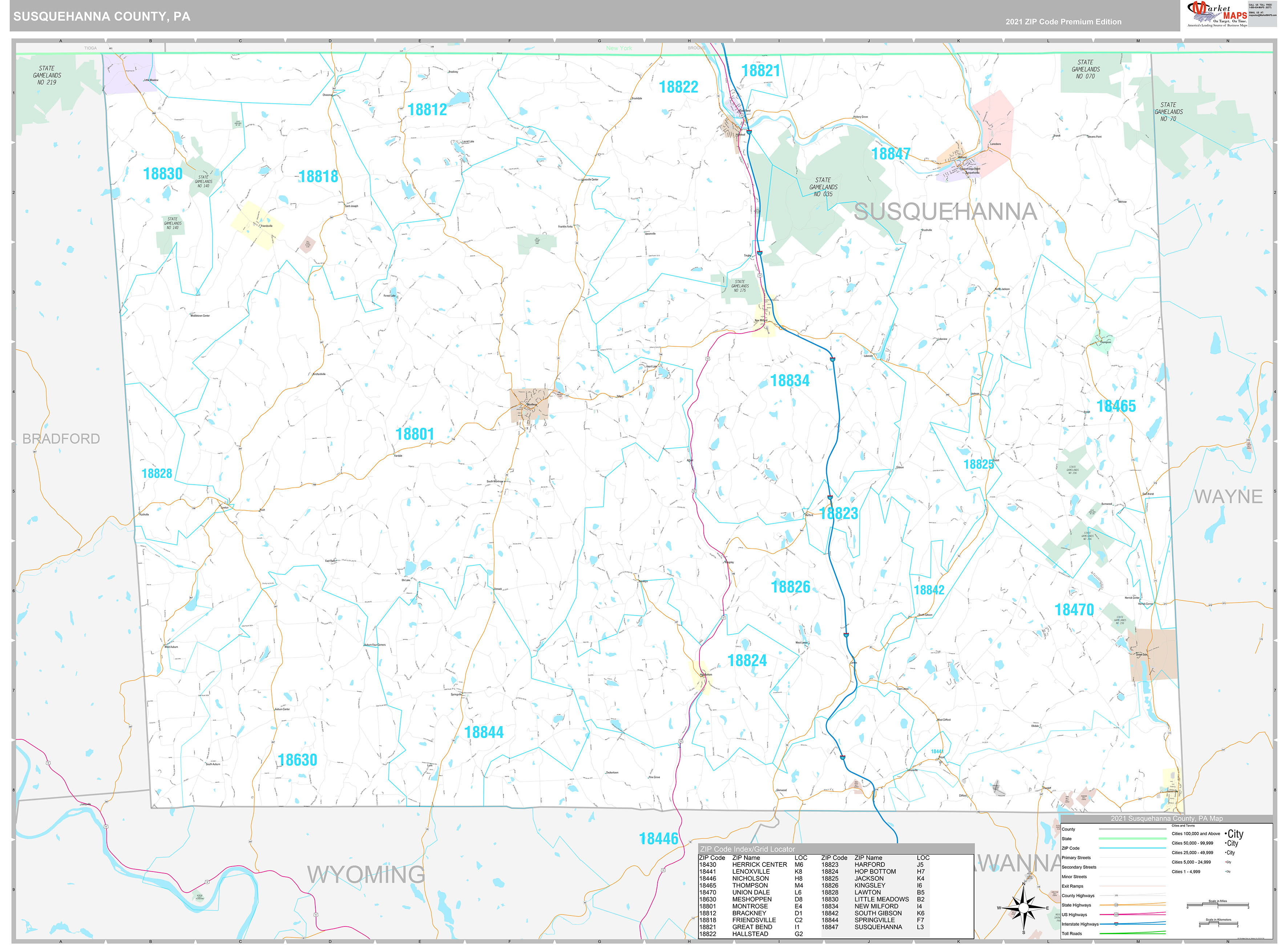 Susquehanna County, PA Wall Map Premium Style by MarketMAPS