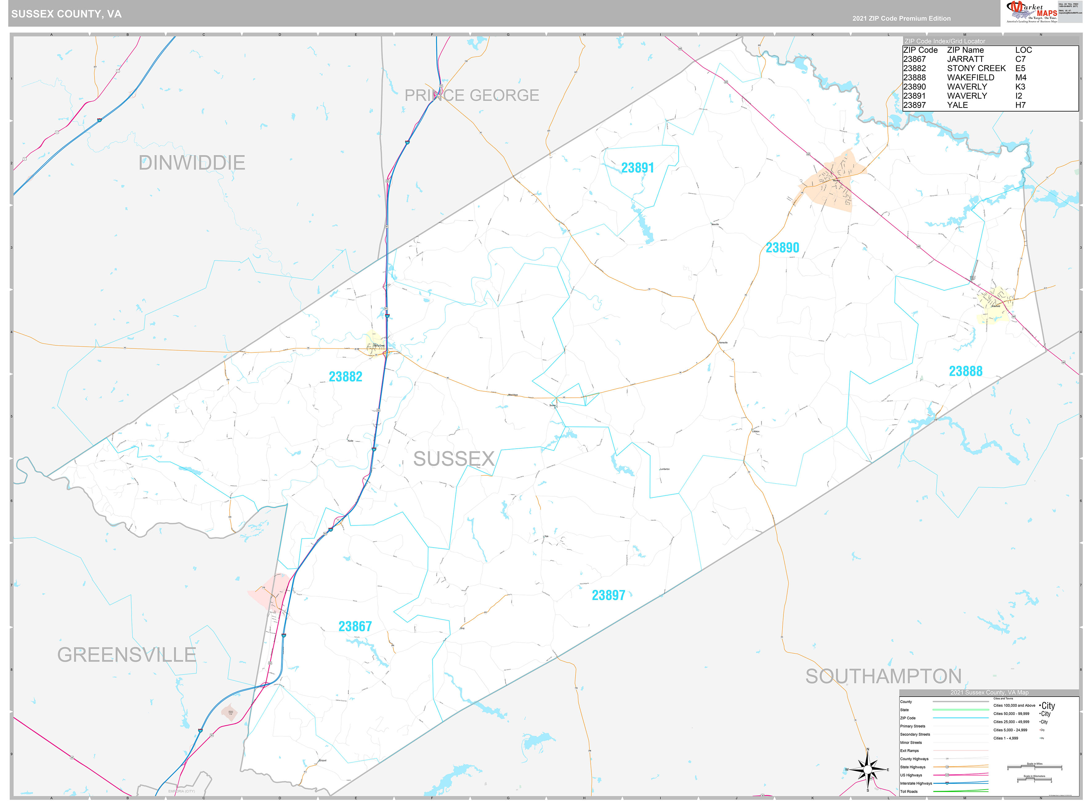 Sussex County, VA Wall Map Premium Style by MarketMAPS MapSales