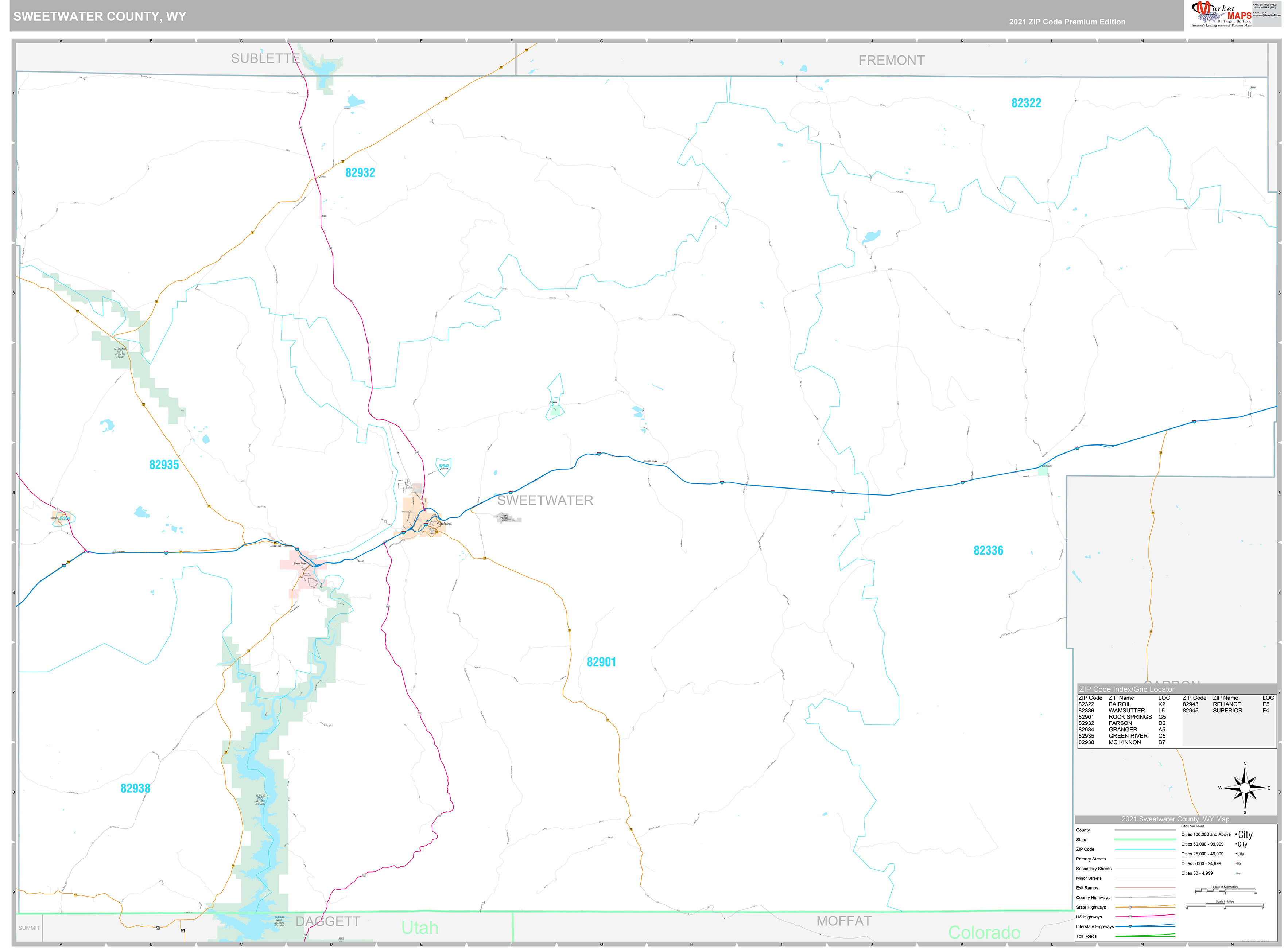 Sweetwater County, WY Wall Map Premium Style by MarketMAPS