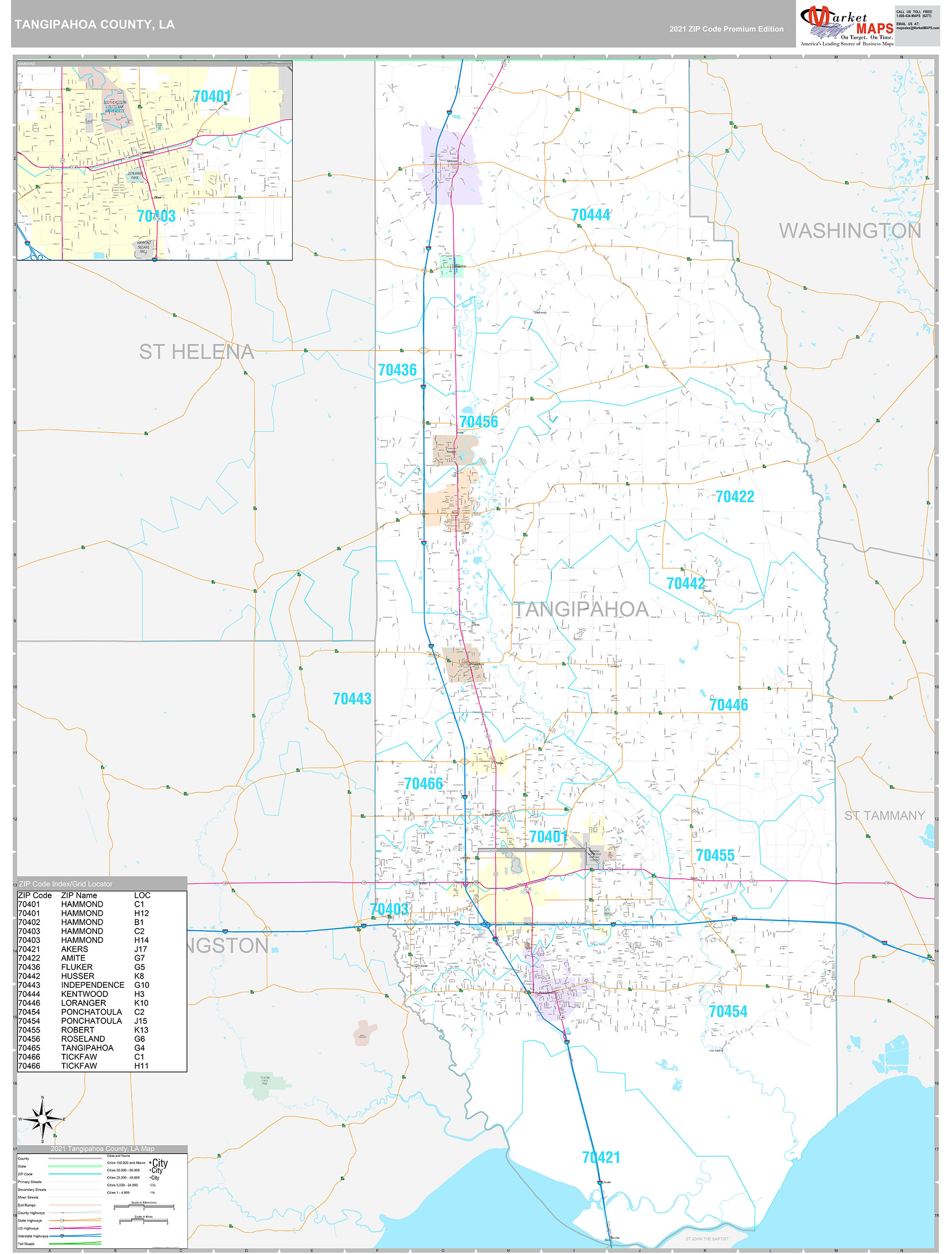 Tangipahoa County, LA Wall Map Premium Style by MarketMAPS MapSales
