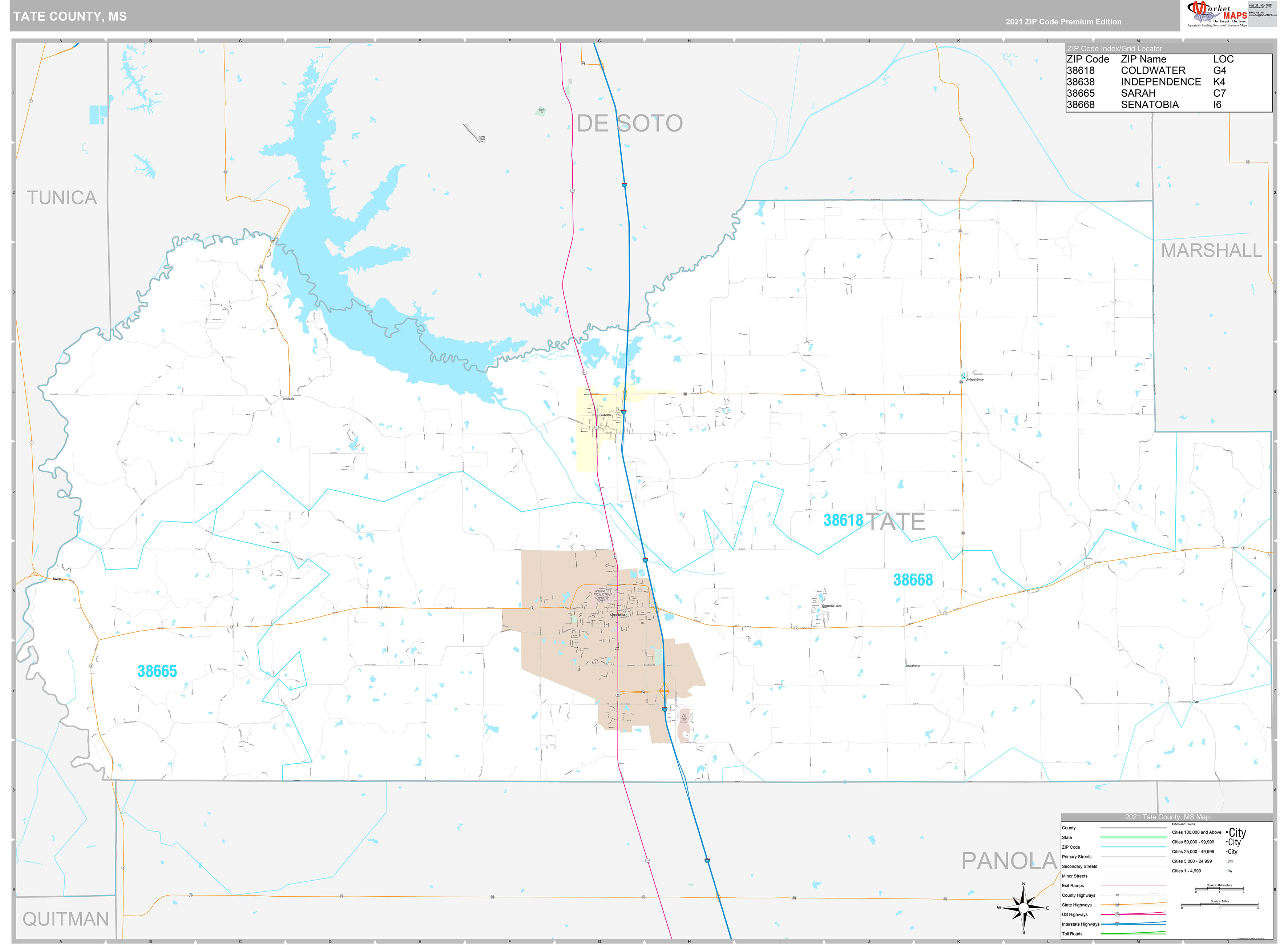 Tate County MS Wall Map Premium Style By MarketMAPS