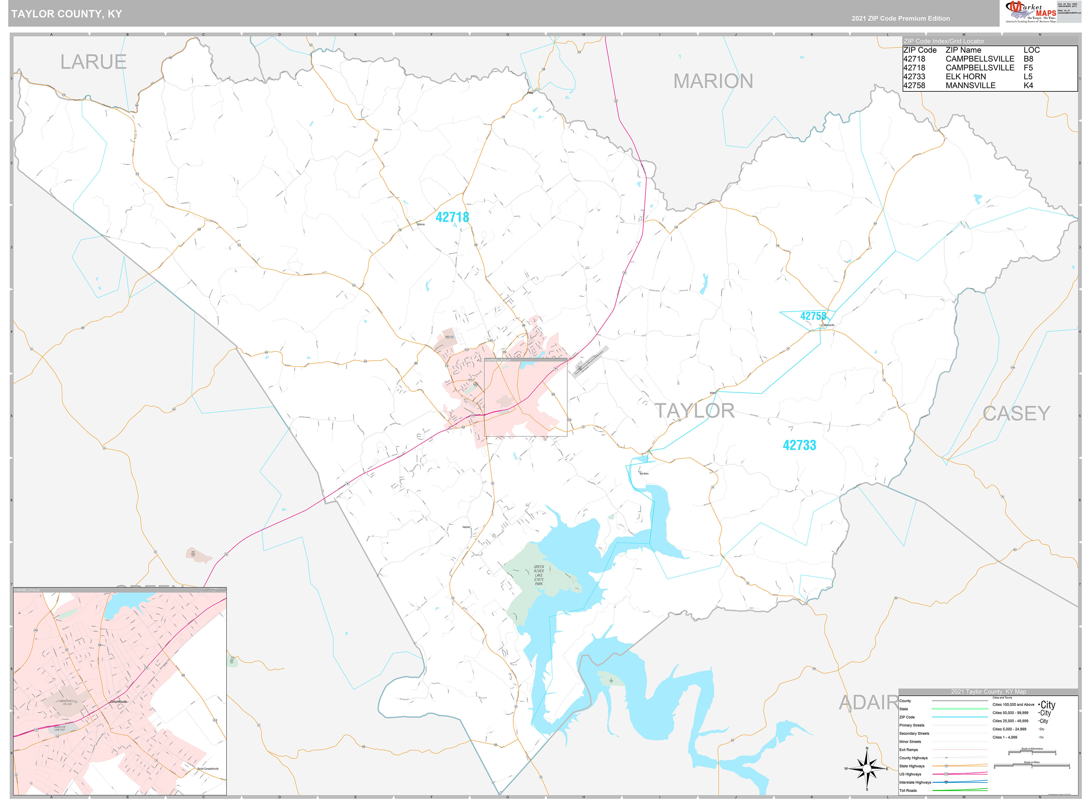 Taylor County, KY Wall Map Premium Style by MarketMAPS
