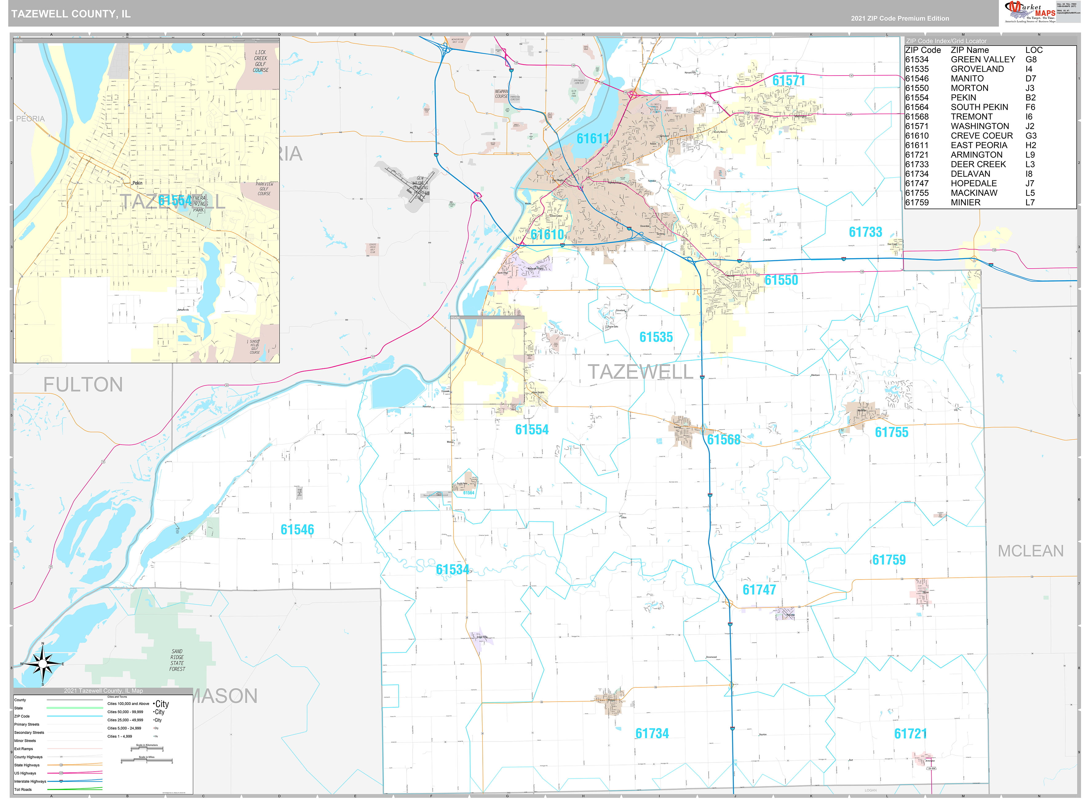 Tazewell County, IL Wall Map Premium Style by MarketMAPS