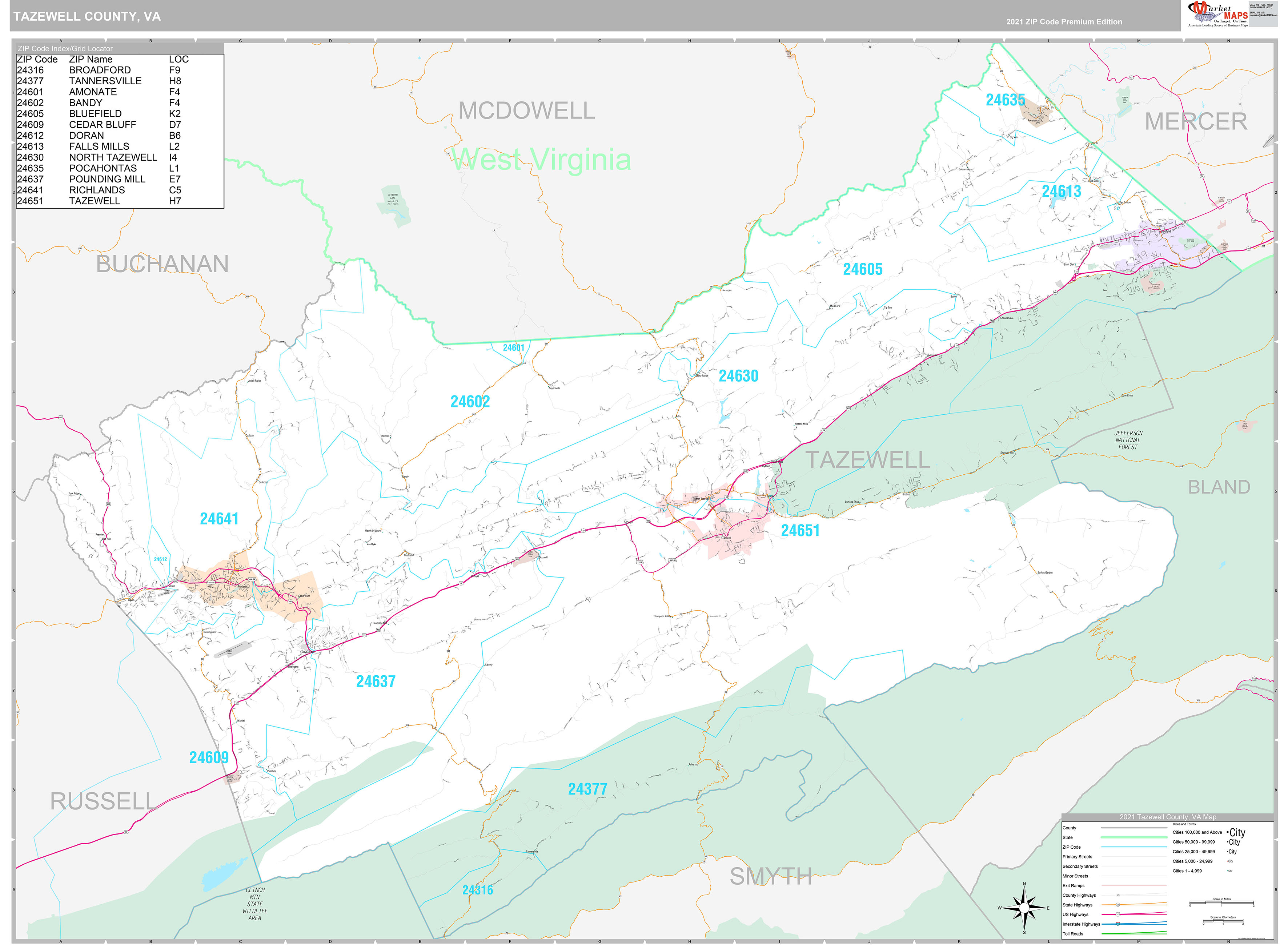 Tazewell County, VA Wall Map Premium Style by MarketMAPS