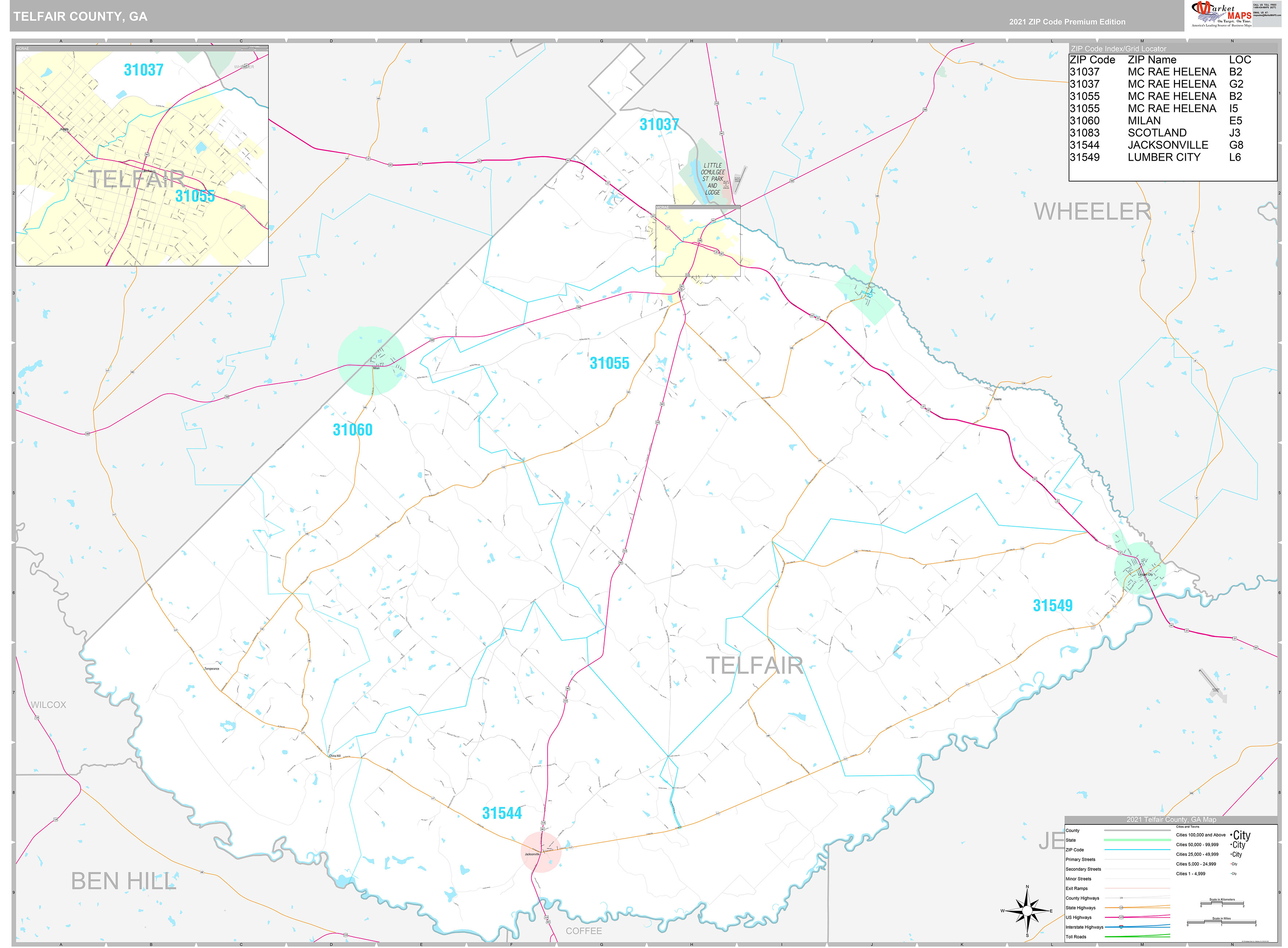 Telfair County, GA Wall Map Premium Style by MarketMAPS