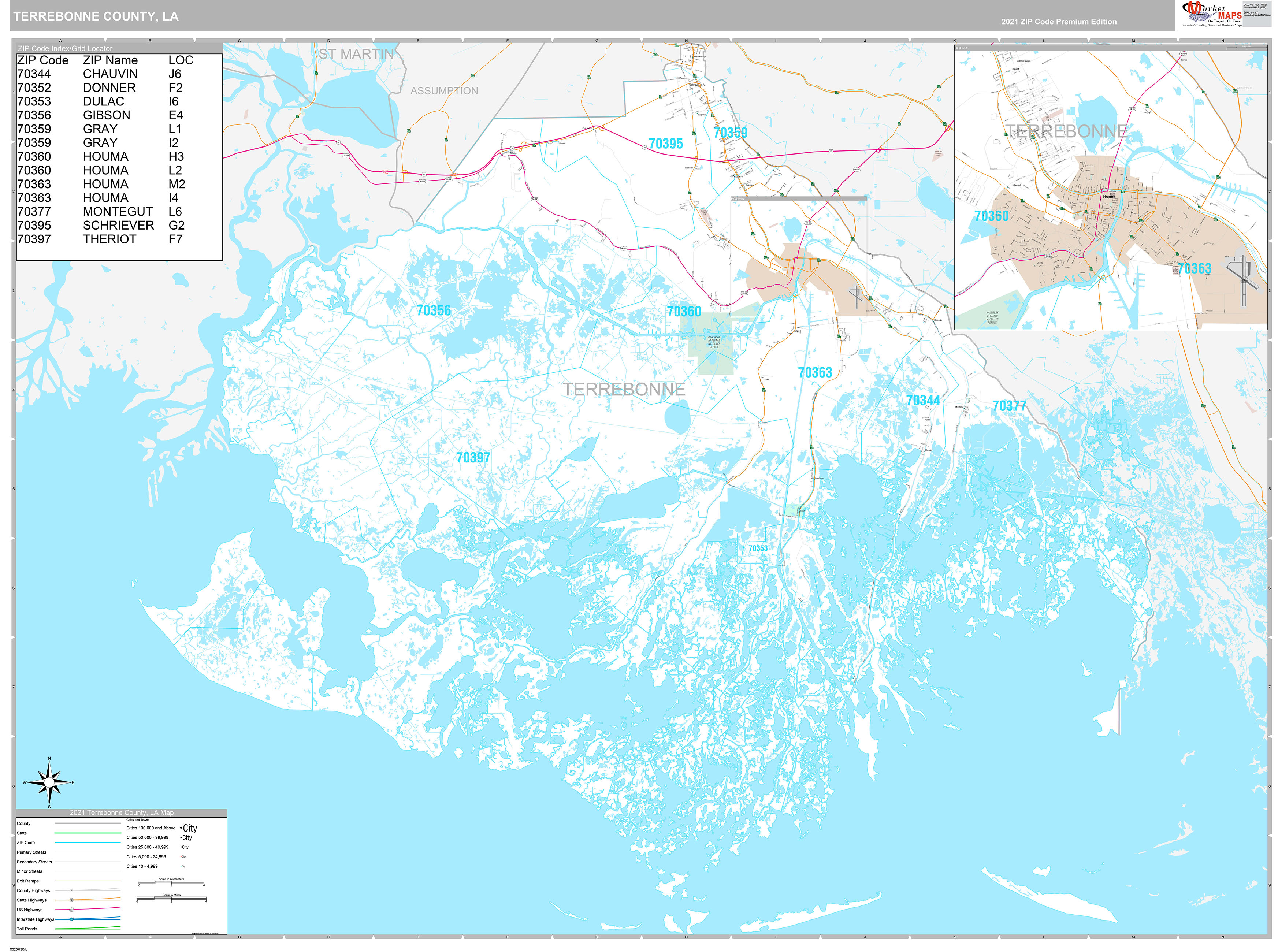 Terrebonne County, LA Wall Map Premium Style by MarketMAPS MapSales
