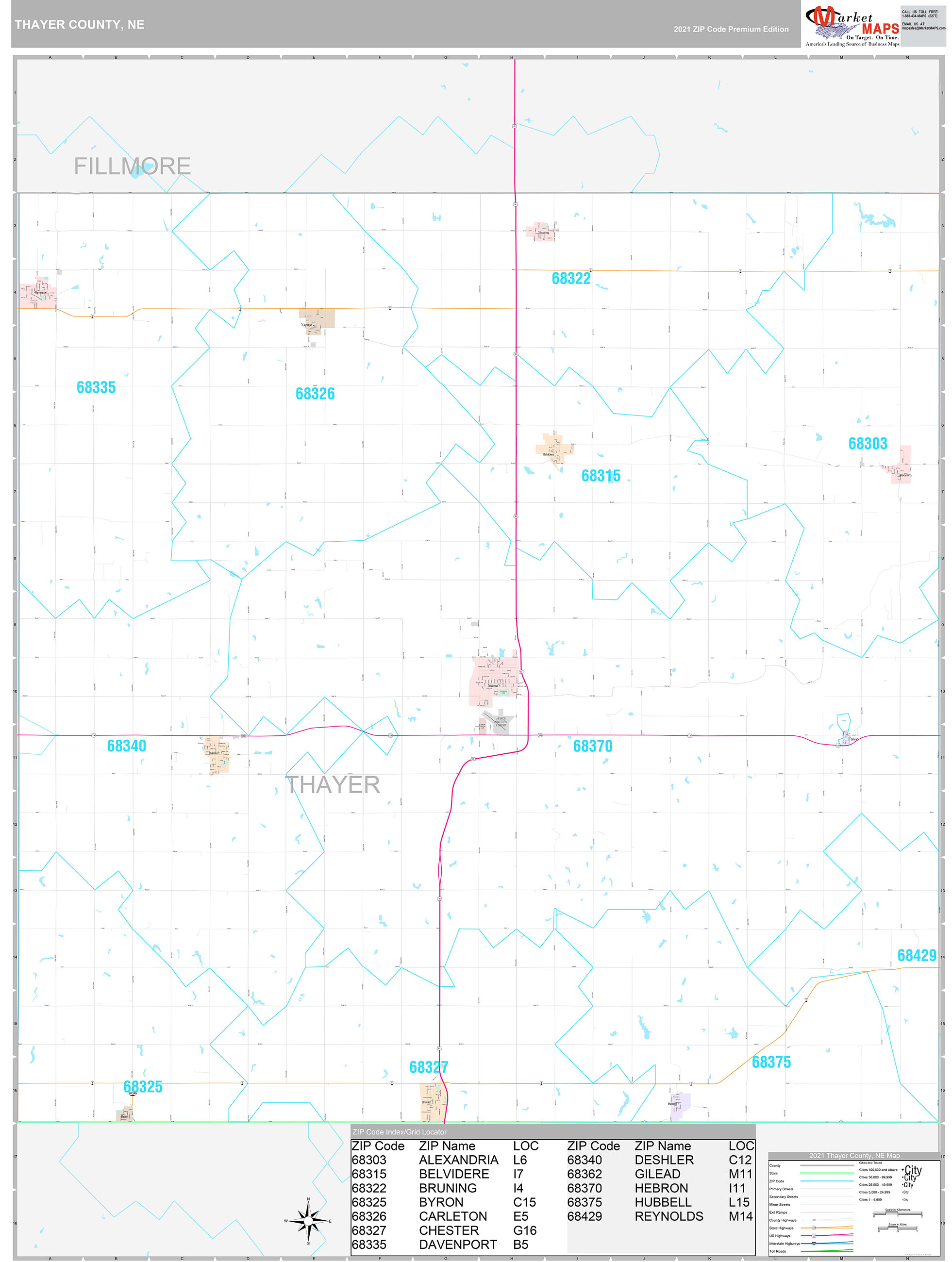 Thayer County, NE Wall Map Premium Style by MarketMAPS