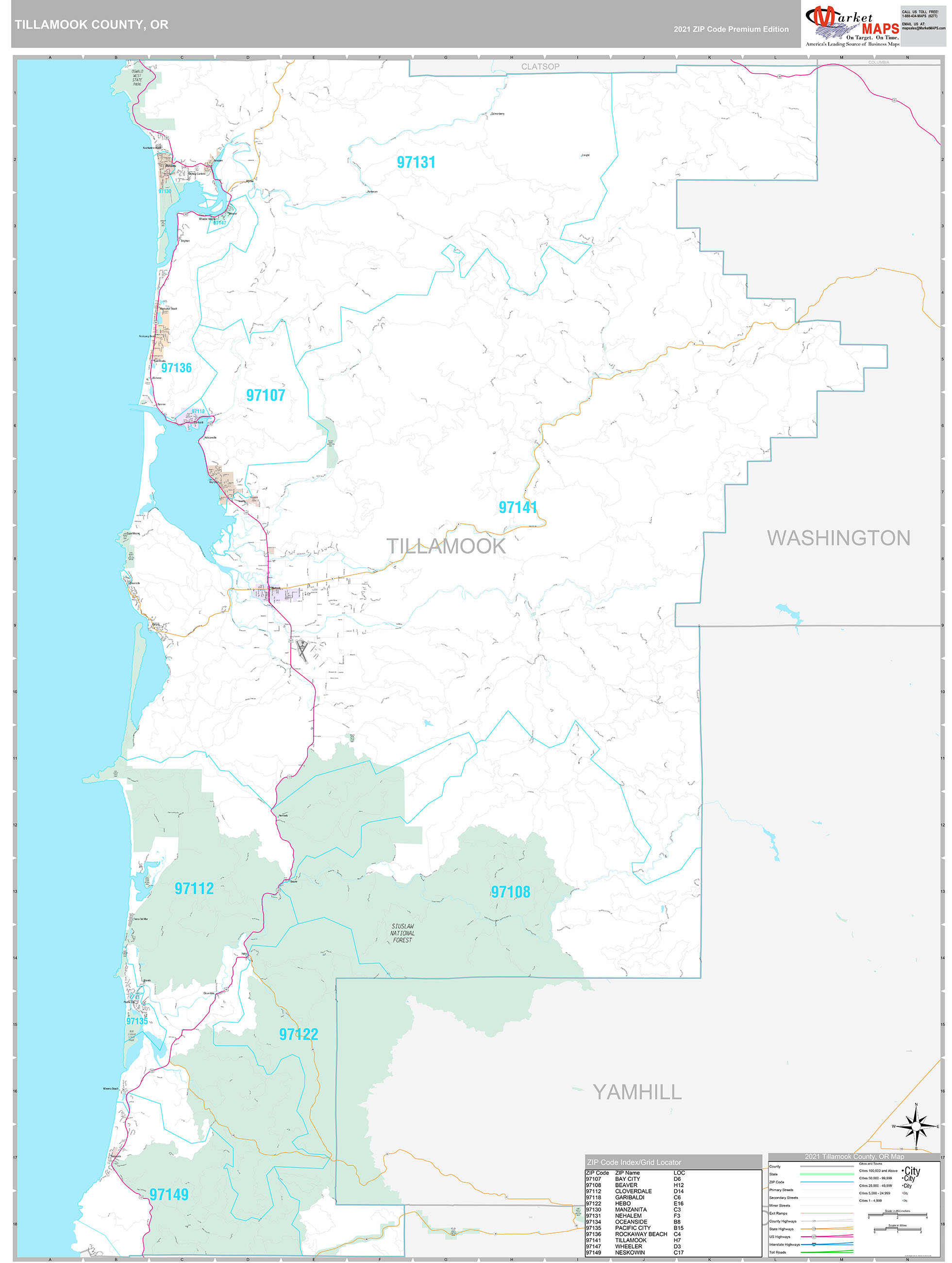 Tillamook County, OR Wall Map Premium Style by MarketMAPS