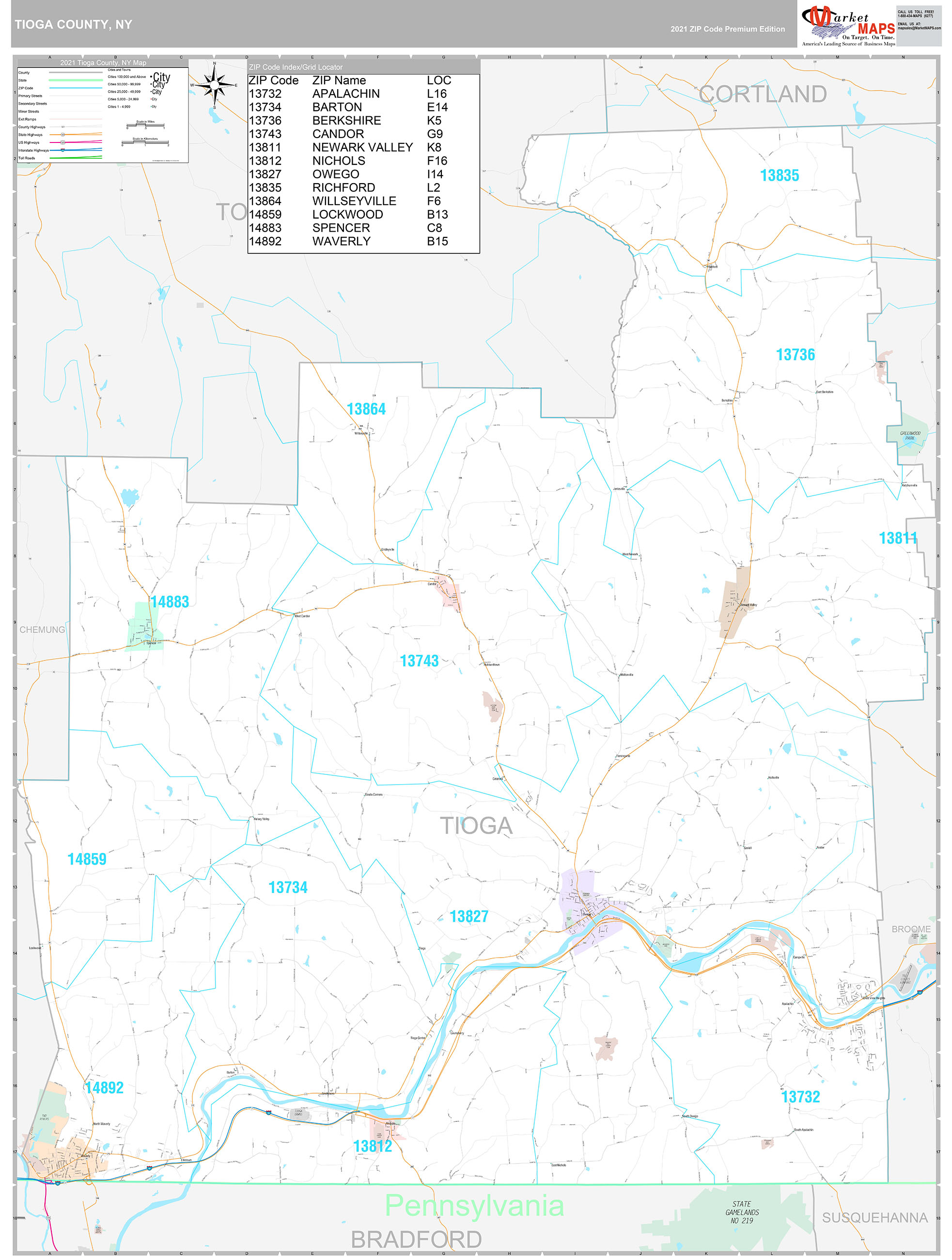 Tioga County, NY Wall Map Premium Style by MarketMAPS MapSales
